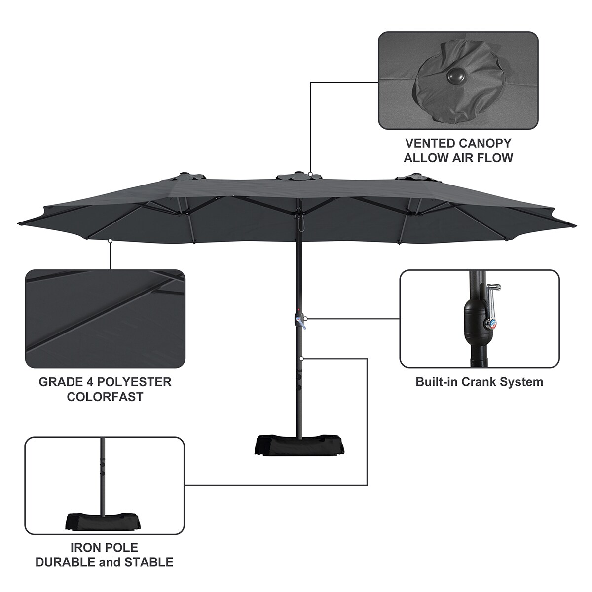 15 Ft Dark Gray Steel Market Patio Umbrella with Base
