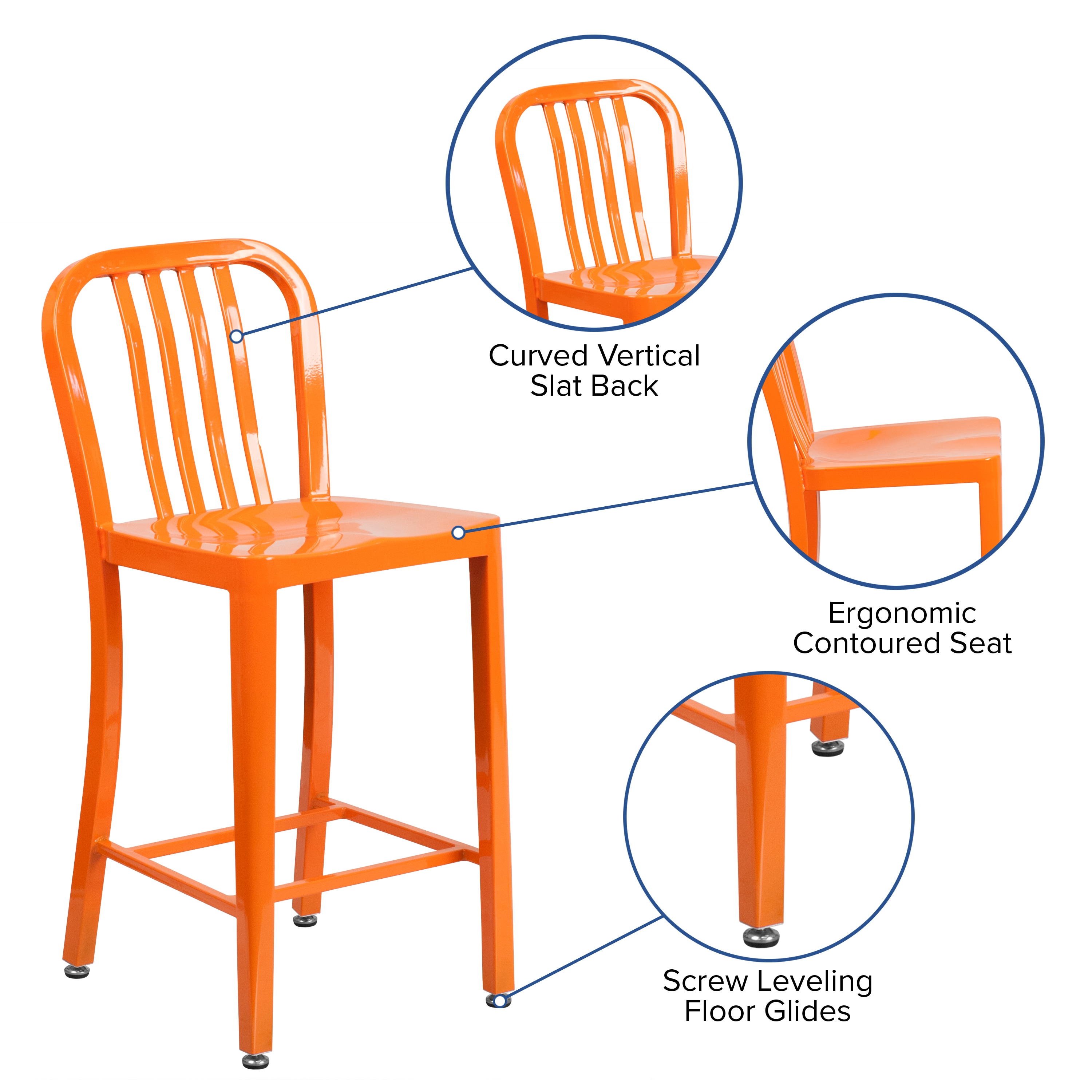 24" High Orange Metal Indoor-Outdoor Counter Height Stool