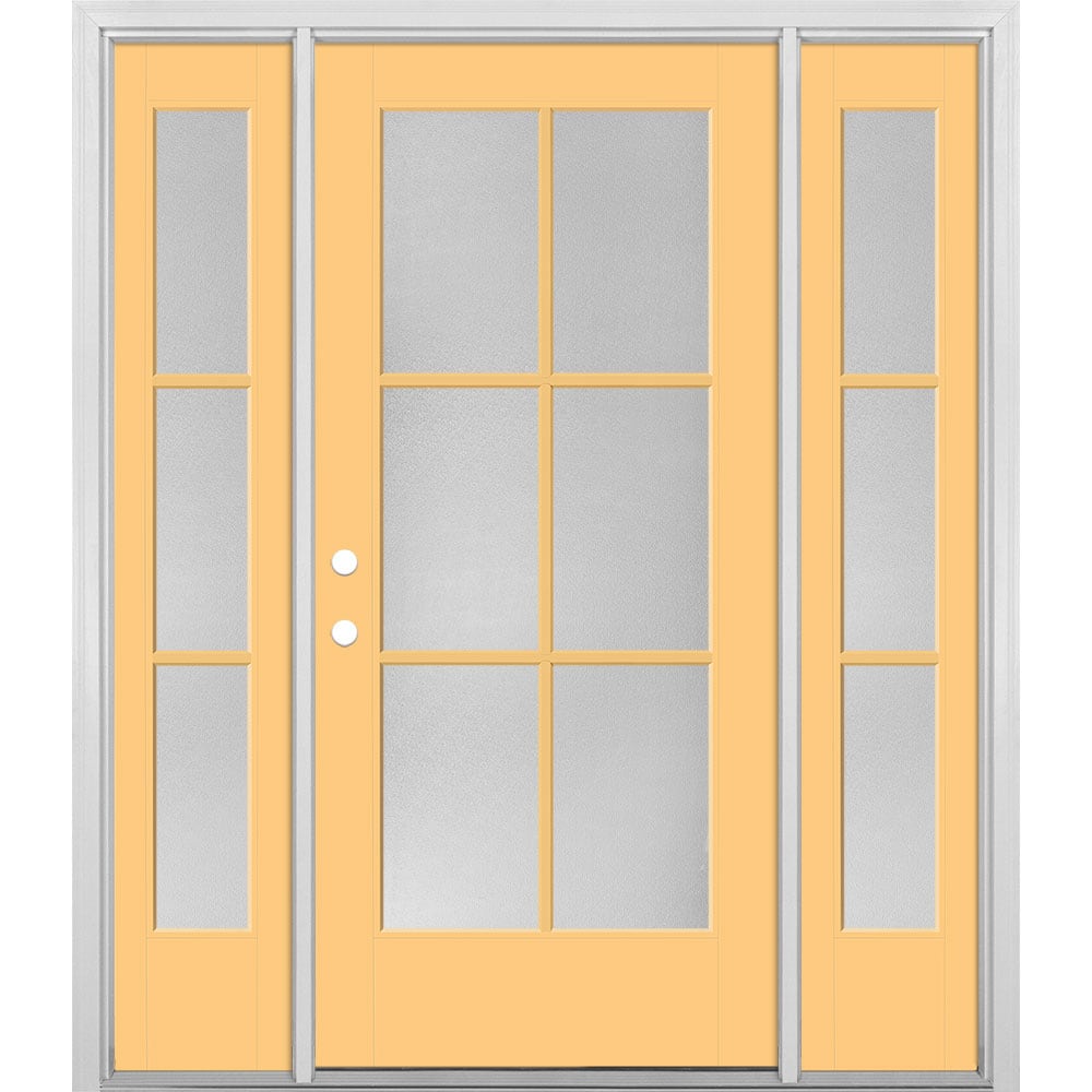 Masonite 1524364 60-in x 80-in x 4-9/16-in Fiberglass Full lite Right-hand inswing Cabana Yellow Painted Prehung Front Door with Sidelights with Brickmould Insulating core