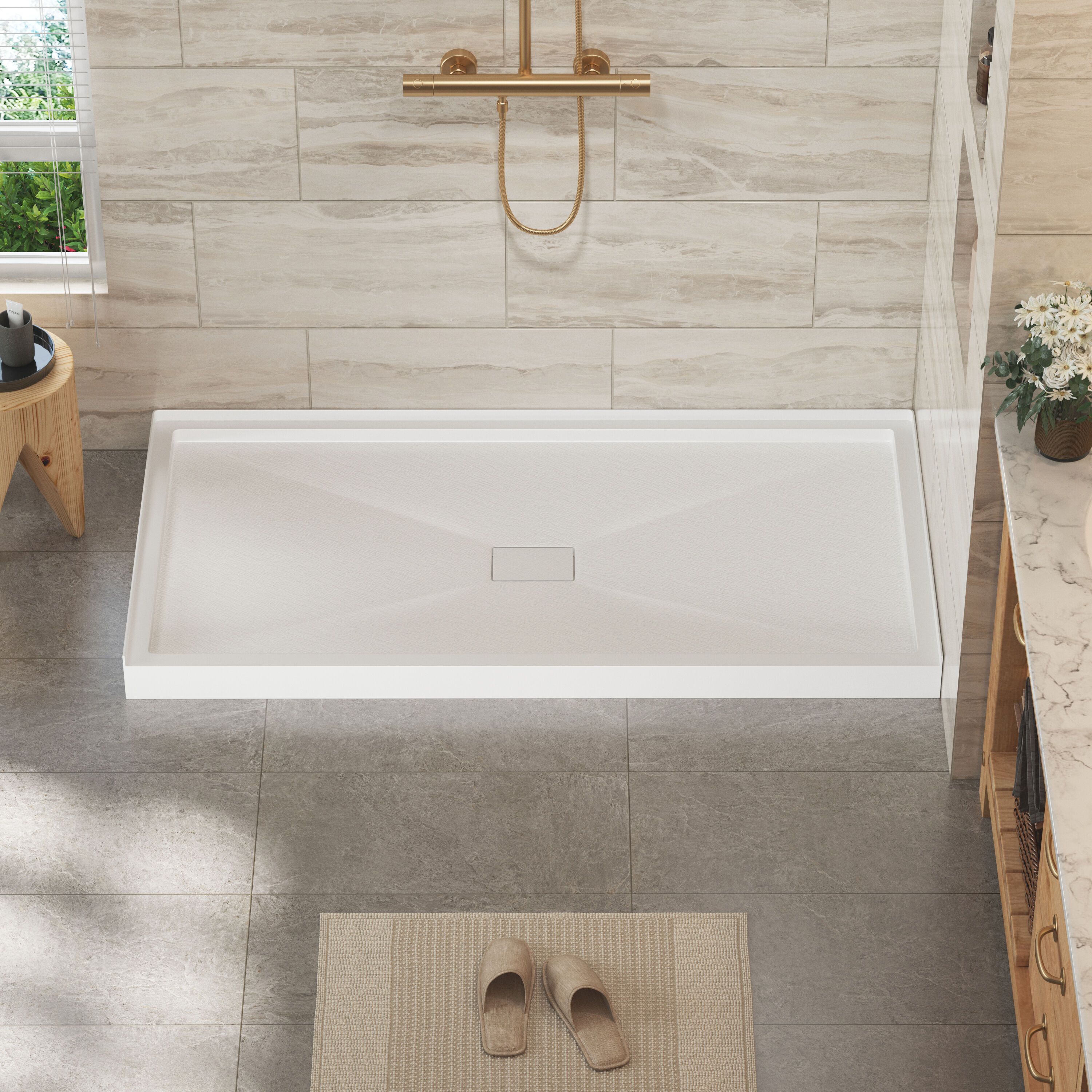 CASAINC 60 in x 30 in White SMC Shower Base with Center Drain Slip Resistant Surface Fast Drainage and Integrated Molded Design