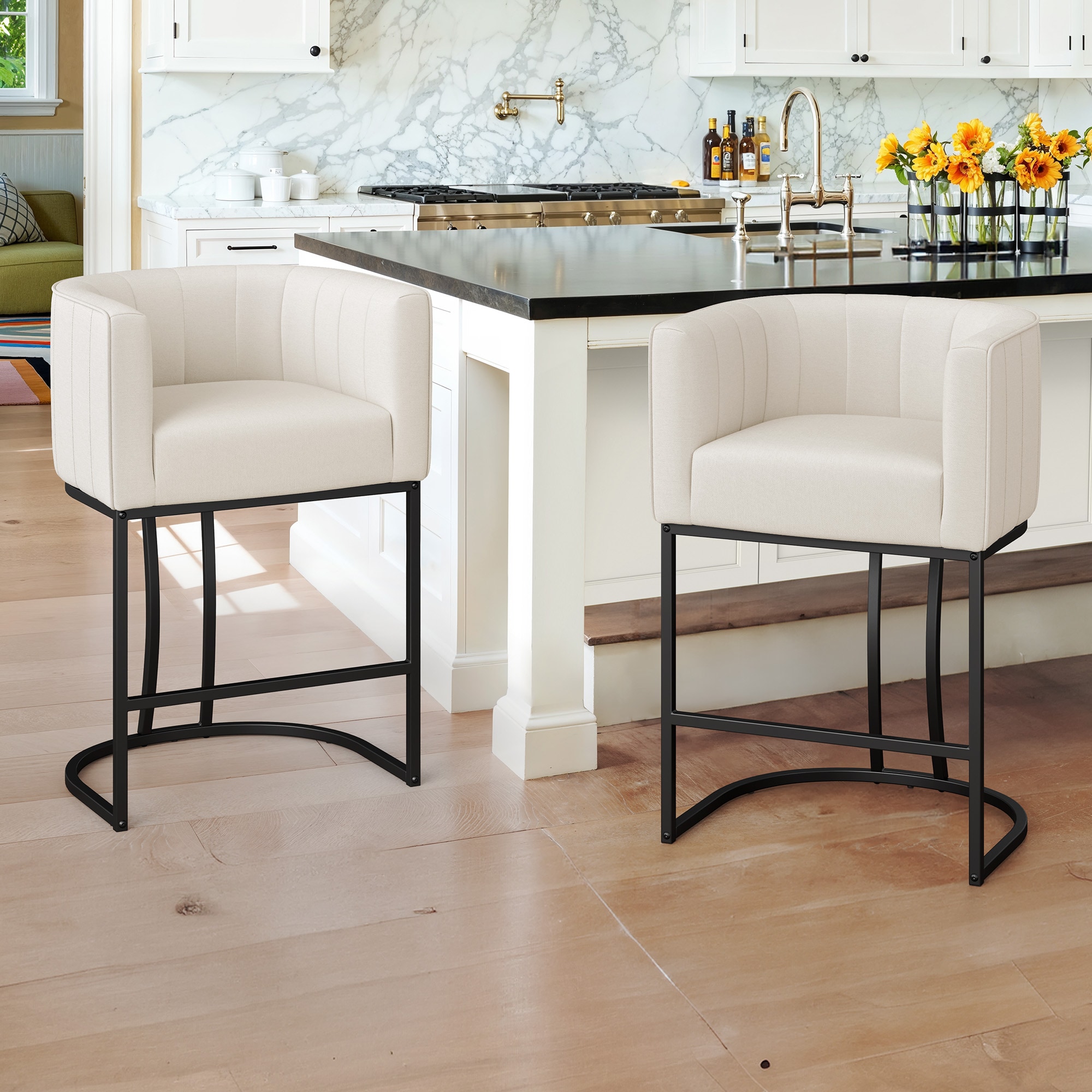 LUE BONA YB-146-01LS Set of 2 Beige-black/linen 26.4-in H Counter height (24-in to 27-in) Square Seat Upholstered Metal Back Bar Stool with Arms and Back
