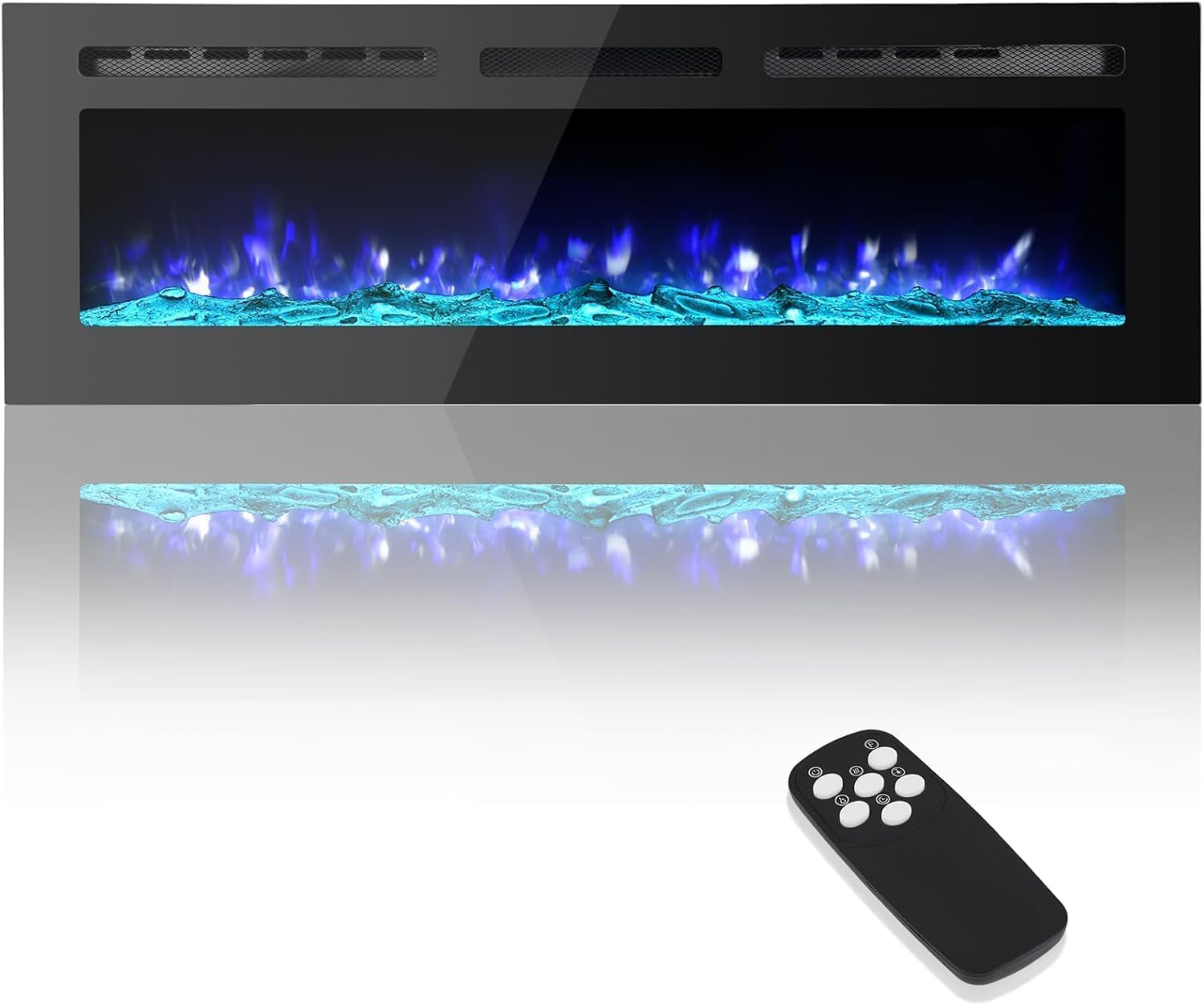IdealHouse Electric Fireplace 72 Inch Ultra Thin Recessed and Wall Mounted Fireplace Heater Linear Fire Place with Thermostat Remote and Touch Screen Multicolor Flame Timer Logs and Crystal 120V 1500W