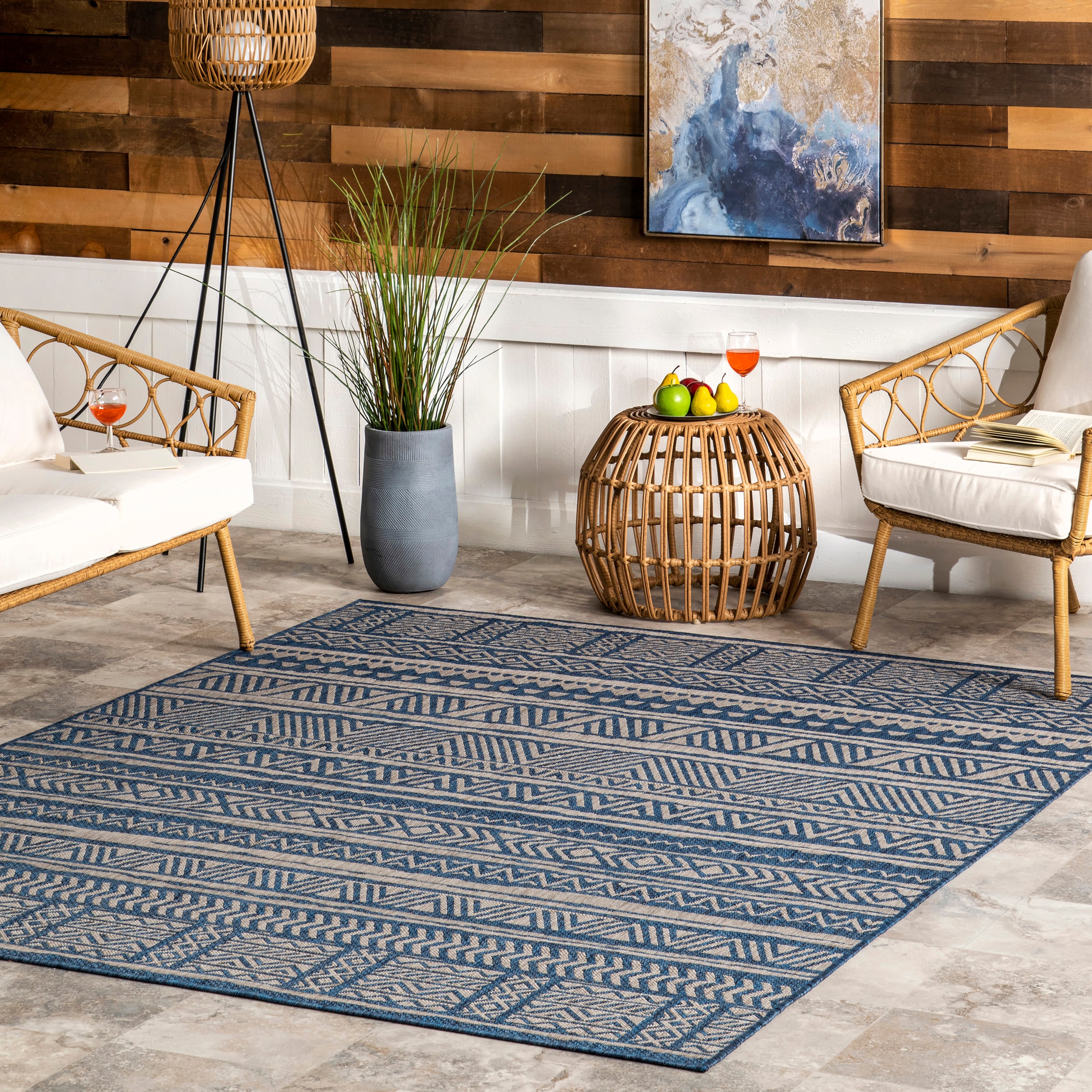 nuLOOM Abbey Tribal Striped Beige 9 ft. 6 in. x 12 ft. Indoor/Outdoor Patio Area Rug