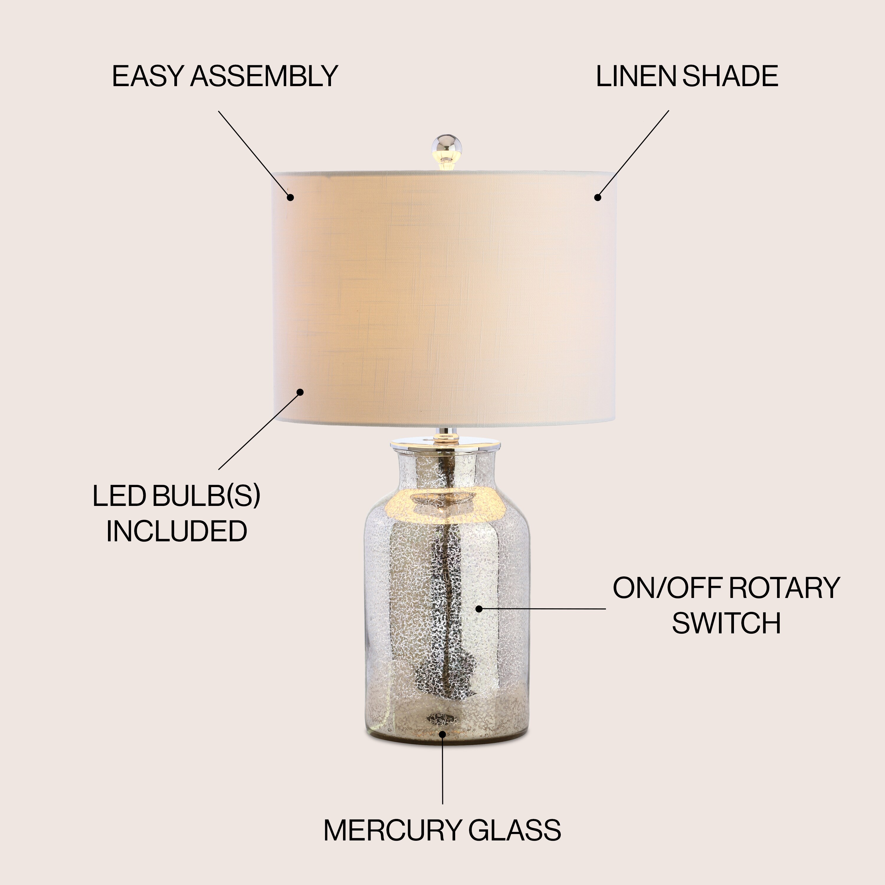 JONATHAN Y Esmee Mercury Glass Contemporary Transitional 24.5 in Mercury Silver Led Rotary Socket Table Lamp with Linen Shade