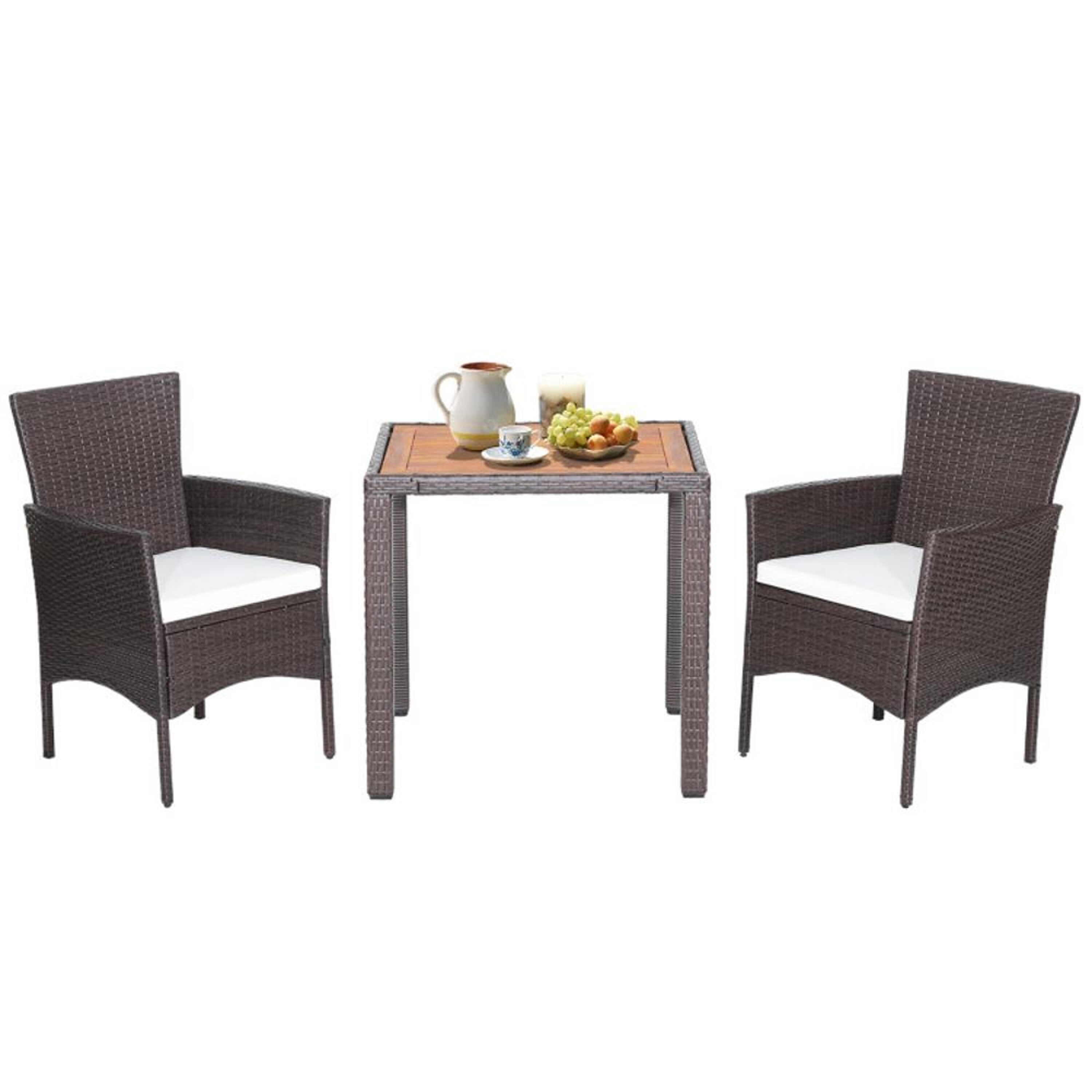 BABOOM BOM-HW70678-CO Patio Wicker Furniture Set 3 -Piece Mix Brown Wicker Patio Dining Set Wood Rectangle Table with 2 Off-white Cushions Stationary Chairs