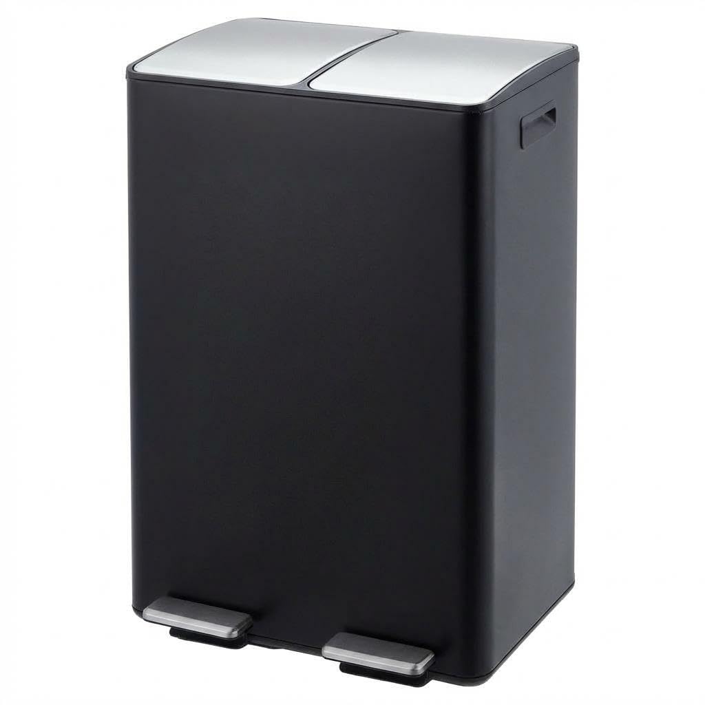 GarveeLife 60L Dual Compartment Kitchen Trash Can 16 Gal Stainless Steel Recycling Bin Soft Close Foot Pedal Black