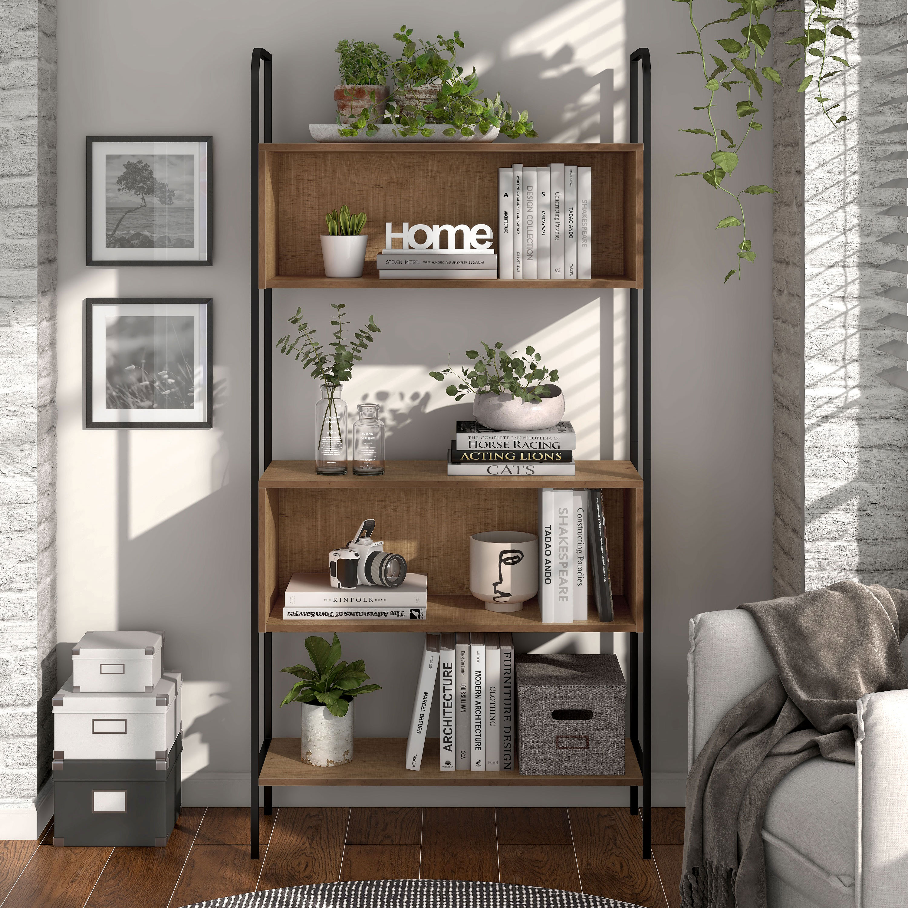 Distressed Oak and Black Metal 67" Bookcase with Cubes