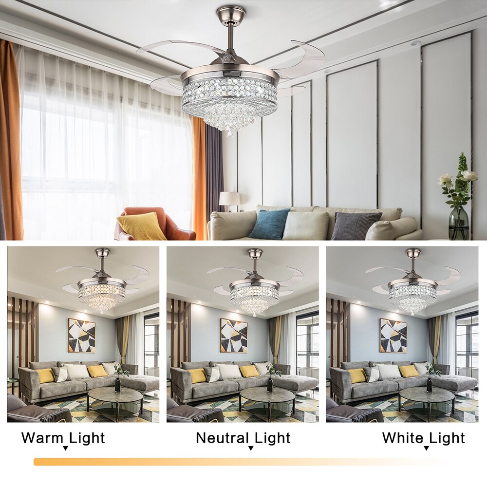 Oukaning 42-in Modern Chrome Crystal Lampshade Retractable Blade with ...