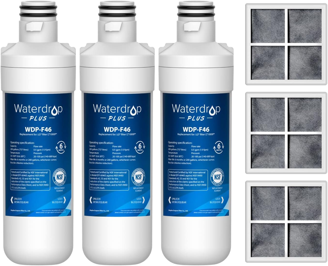 Waterdrop B-WDP-F46A01-3 Refrigerator Water Filter Whole House 6-Months Replacement Filter 3 -Pack