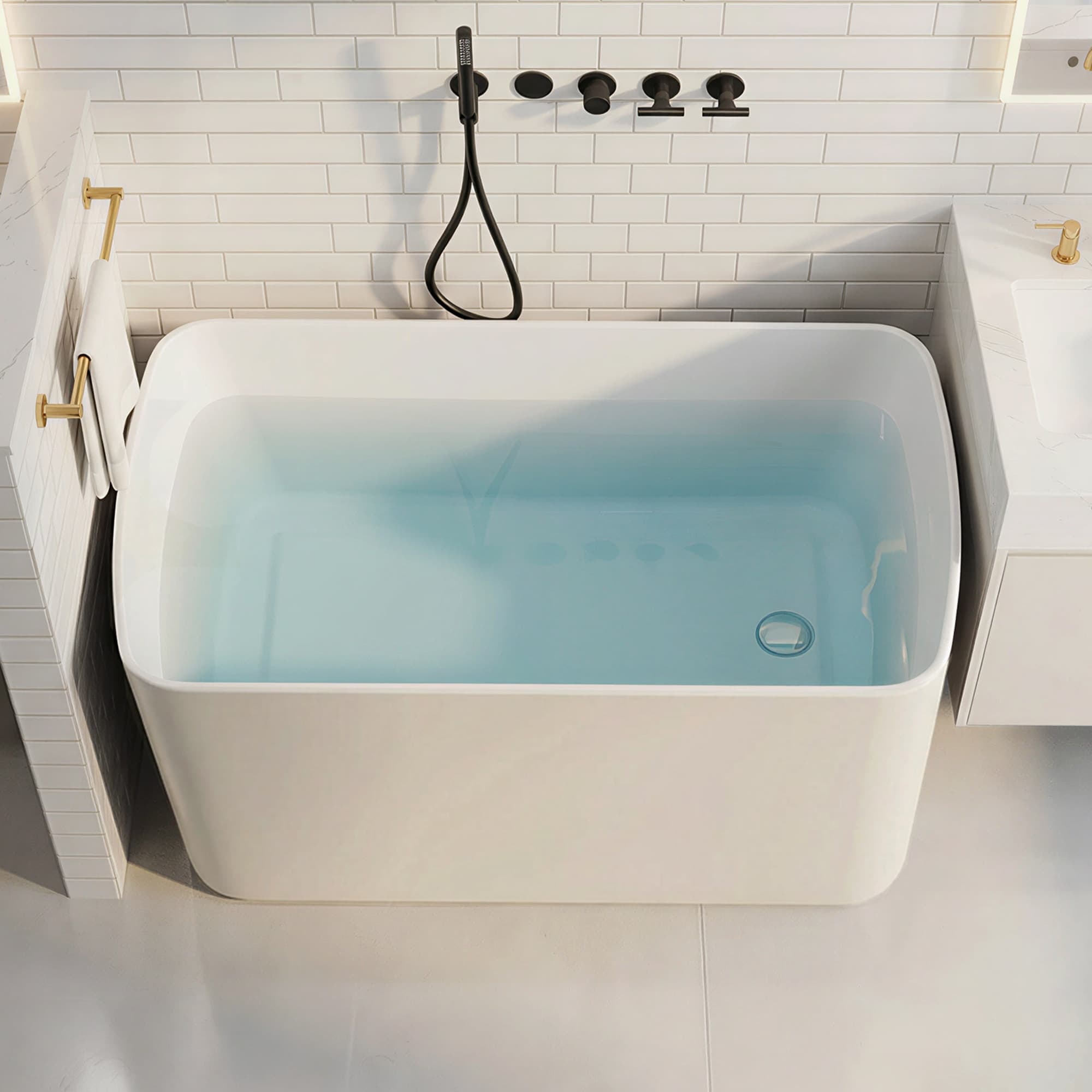 Vynxaria -  49 in Acrylic Freestanding Soaking Bathtub Square Japanese Style Deep Soaking Tub Glo...