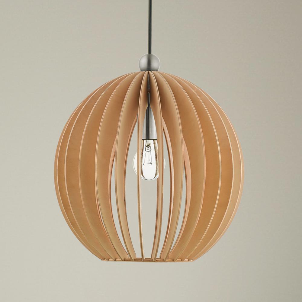 Mini Globe Brushed Nickel Pendant with Round Wood Shade