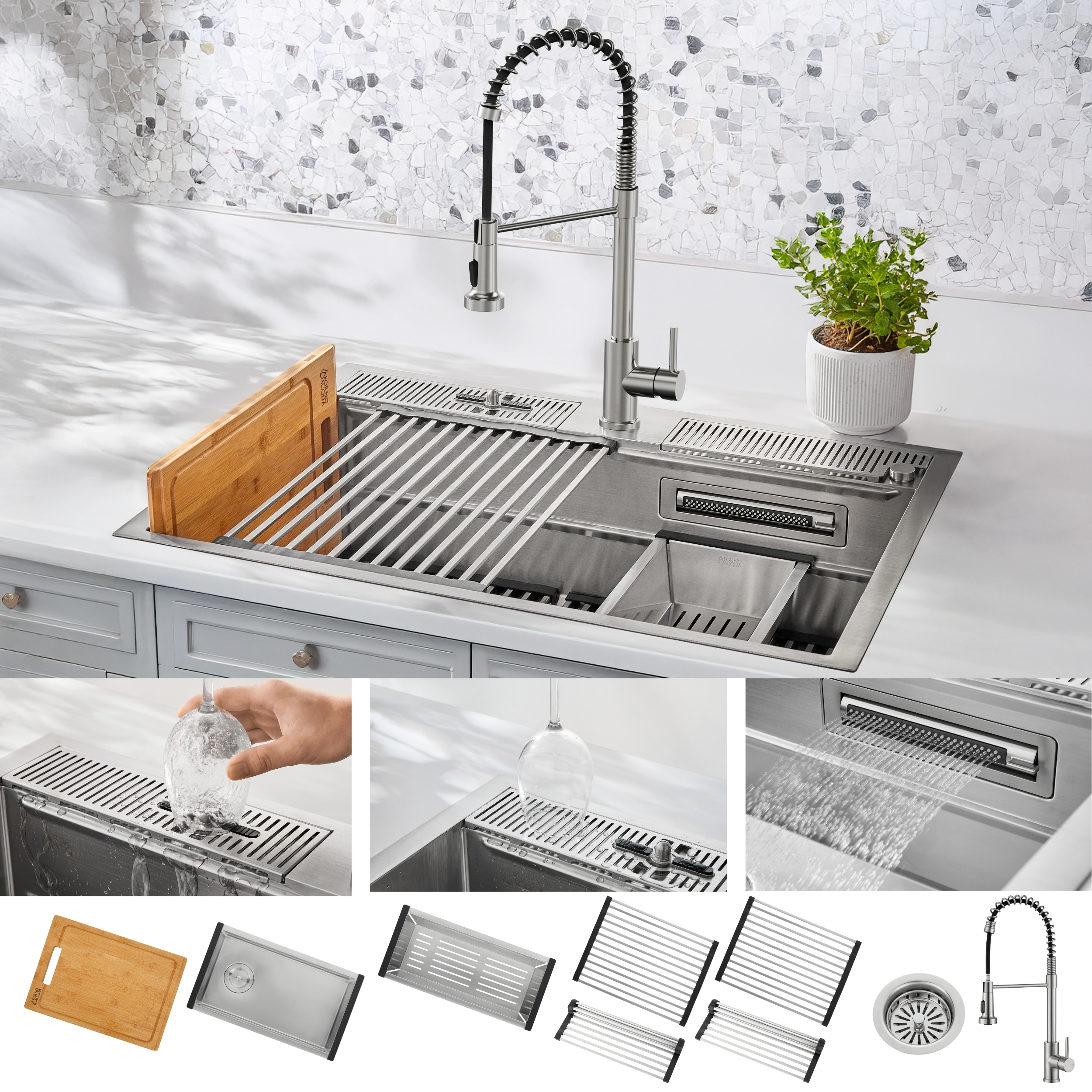 FORNO ACQUA MultiSINK (Waterfall and Glass Rinser) Drop-in or undermount 33-in x 22-in Stainless steel Single bowl 18 -Gauge Workstation Kitchen Sink All-in-One Kit with Drainboard