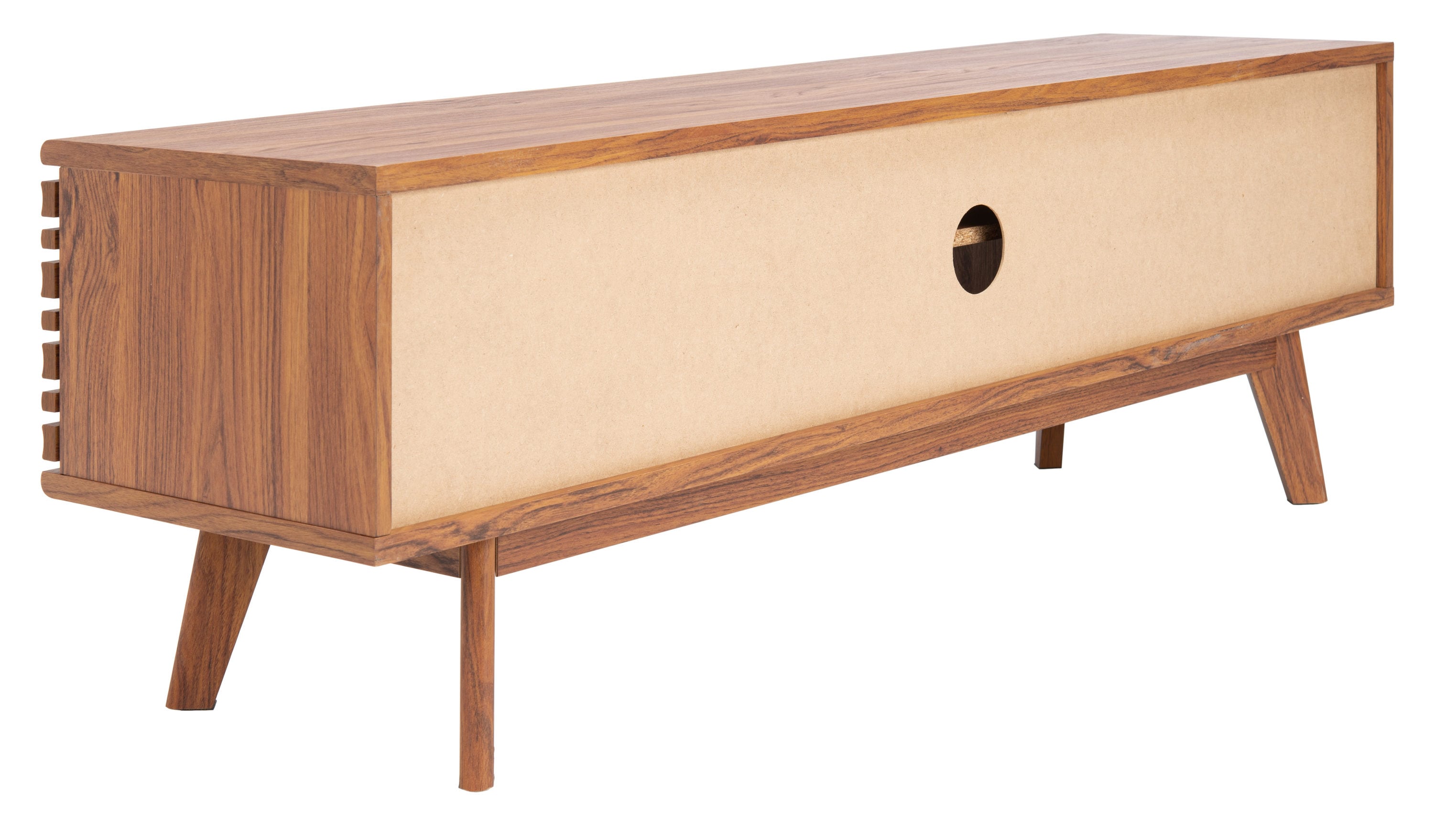 Retro Chic Walnut Media Stand with Splayed Legs and Slatted Doors