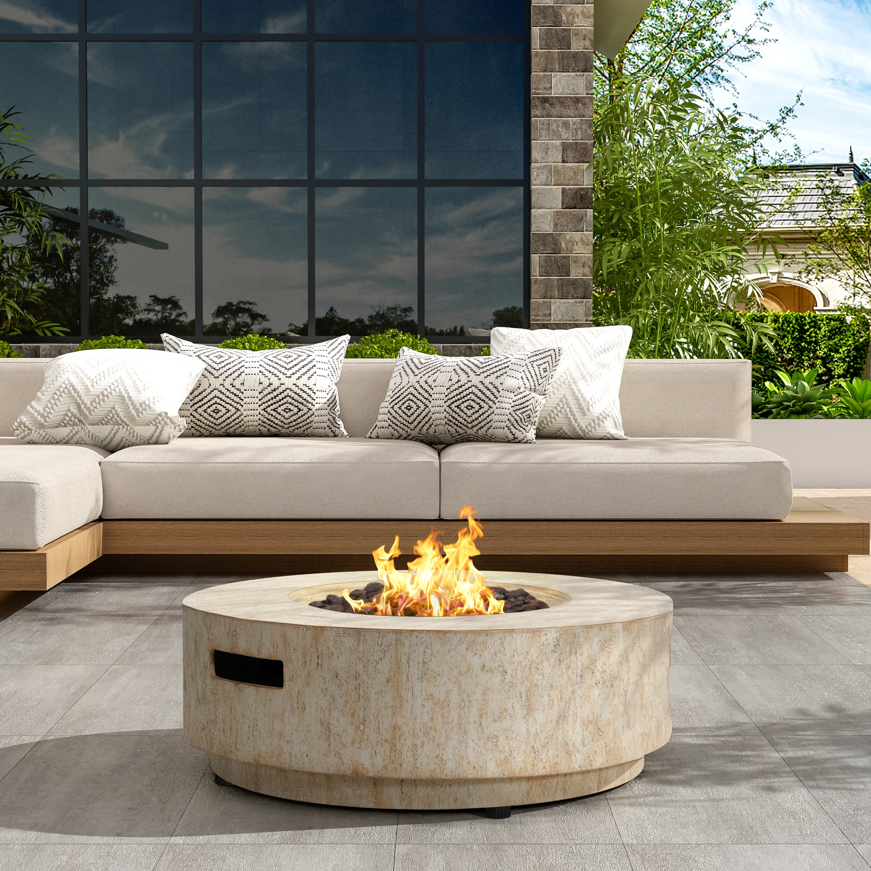 Christopher Knight Home 334288 Trenton Outdoor Fire Pit Table with Travertine Stone Texture and Durable MGO Build(Tank Cover Not Provided) -Travertine Beige