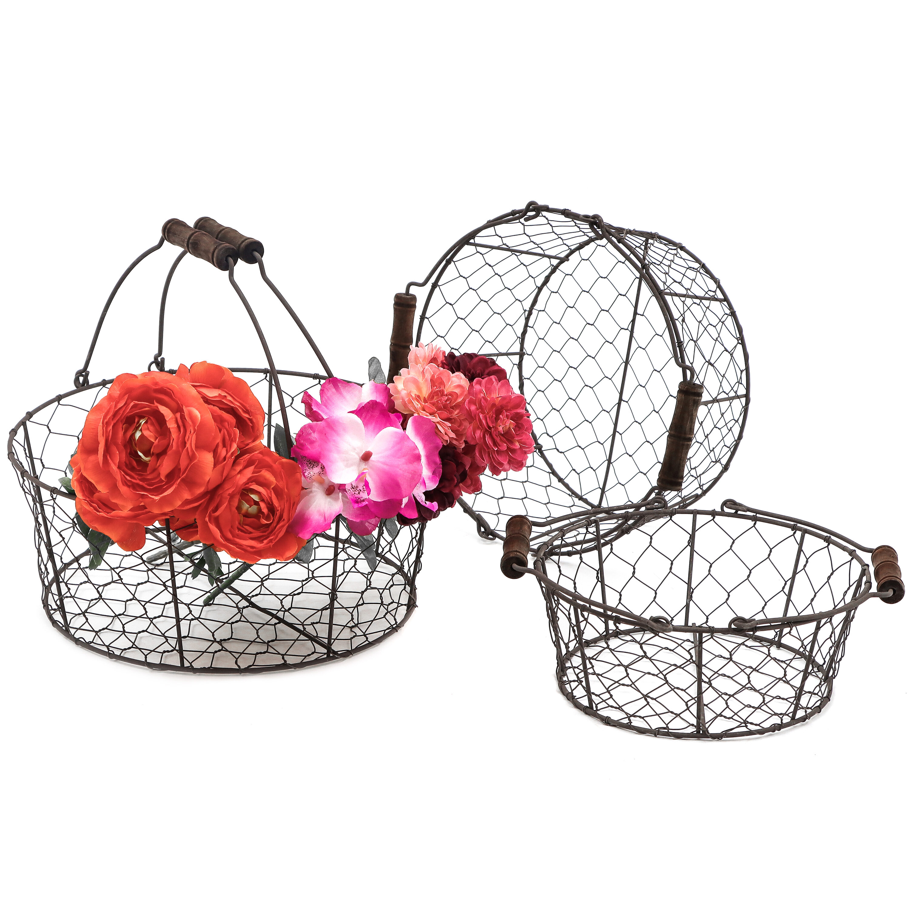 Set of 3 Wire Basket with Wooden Handles - Vintage Style - by Trademark Innovations