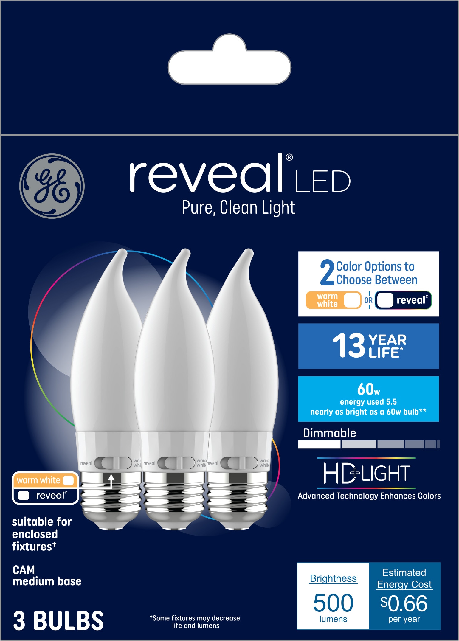 GE 93130391 Reveal HD 60 -Watt EQ CAM Switchable white Medium base (E-26) Dimmable LED Decorative Light Bulb 3 -Pack