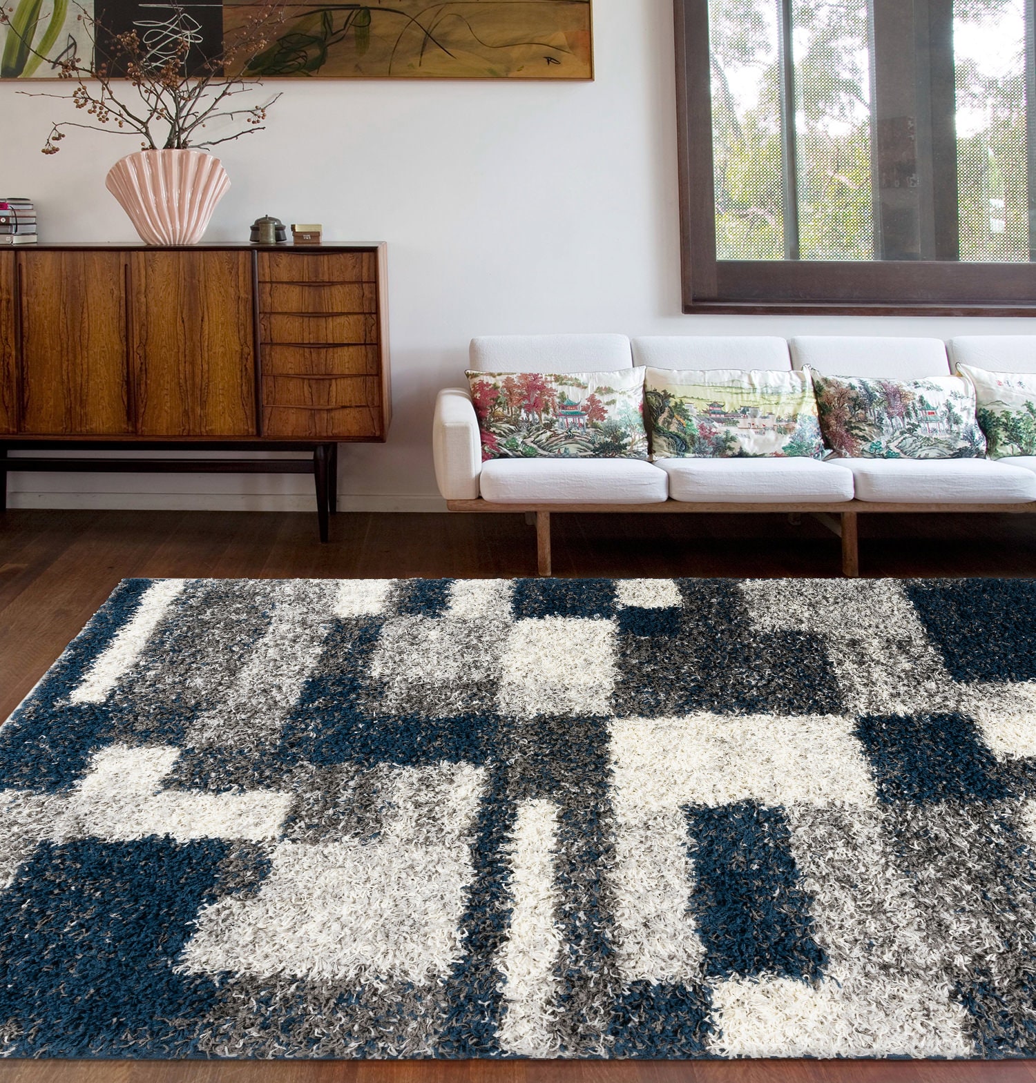 Navy and Gray Rectangular Synthetic Shag Area Rug 7'10" x 10'