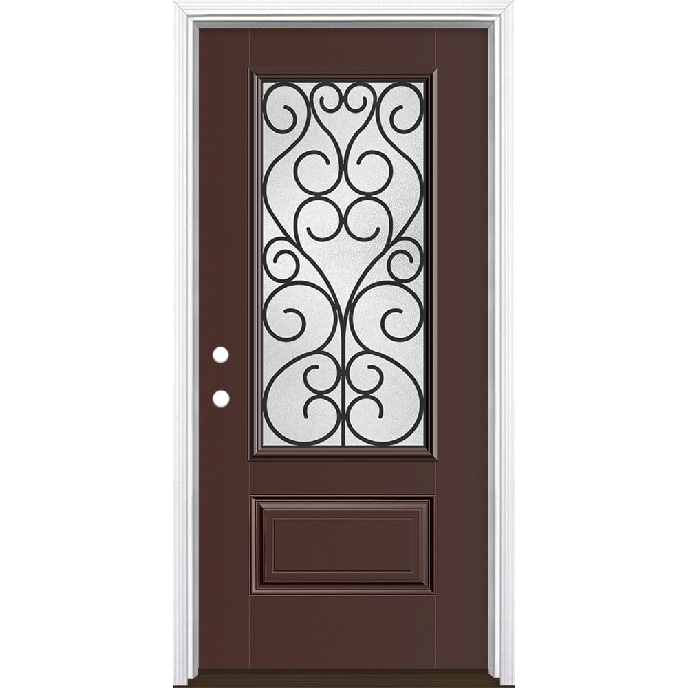 Masonite 3420810 Iron Springs 36-in x 80-in x 4-9/16-in Fiberglass 3/4 lite Right-hand inswing Chocolate Painted Prehung Front Door with Brickmould Insulating core