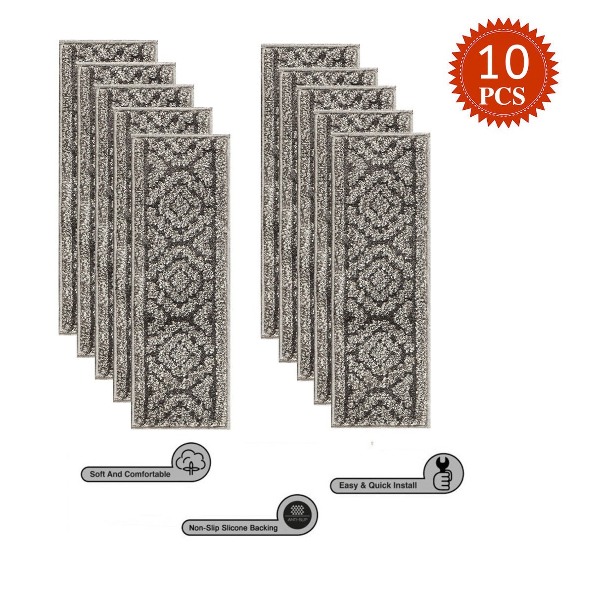 The Sofia Rugs Shag Gray Indoor Geometric Machine Washable Stair Tread ...