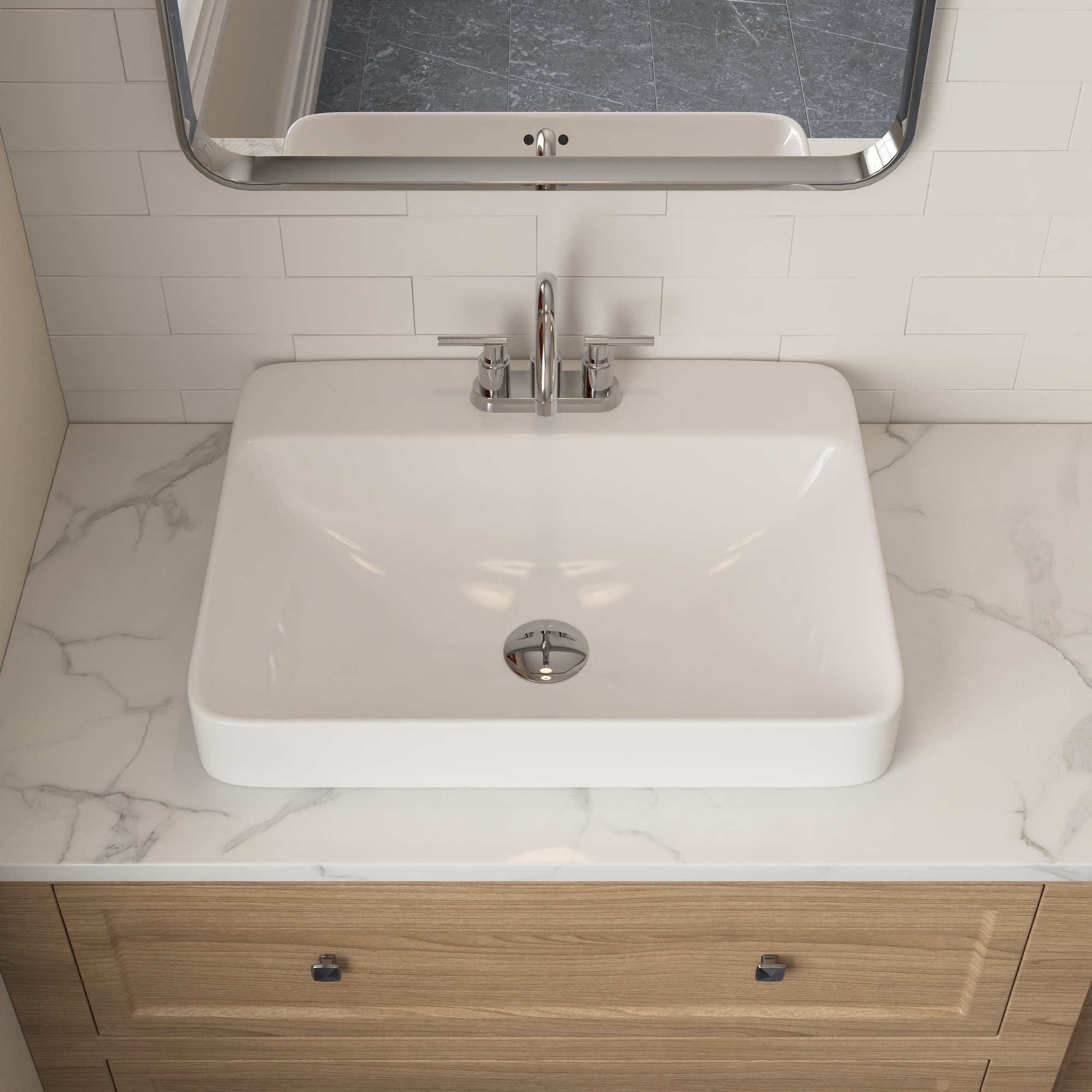 DeerValley - 23.8 in. L x 19 in. W Rectanglar Ceramic Bathroom Semi Recessed Vessel Sink in White...