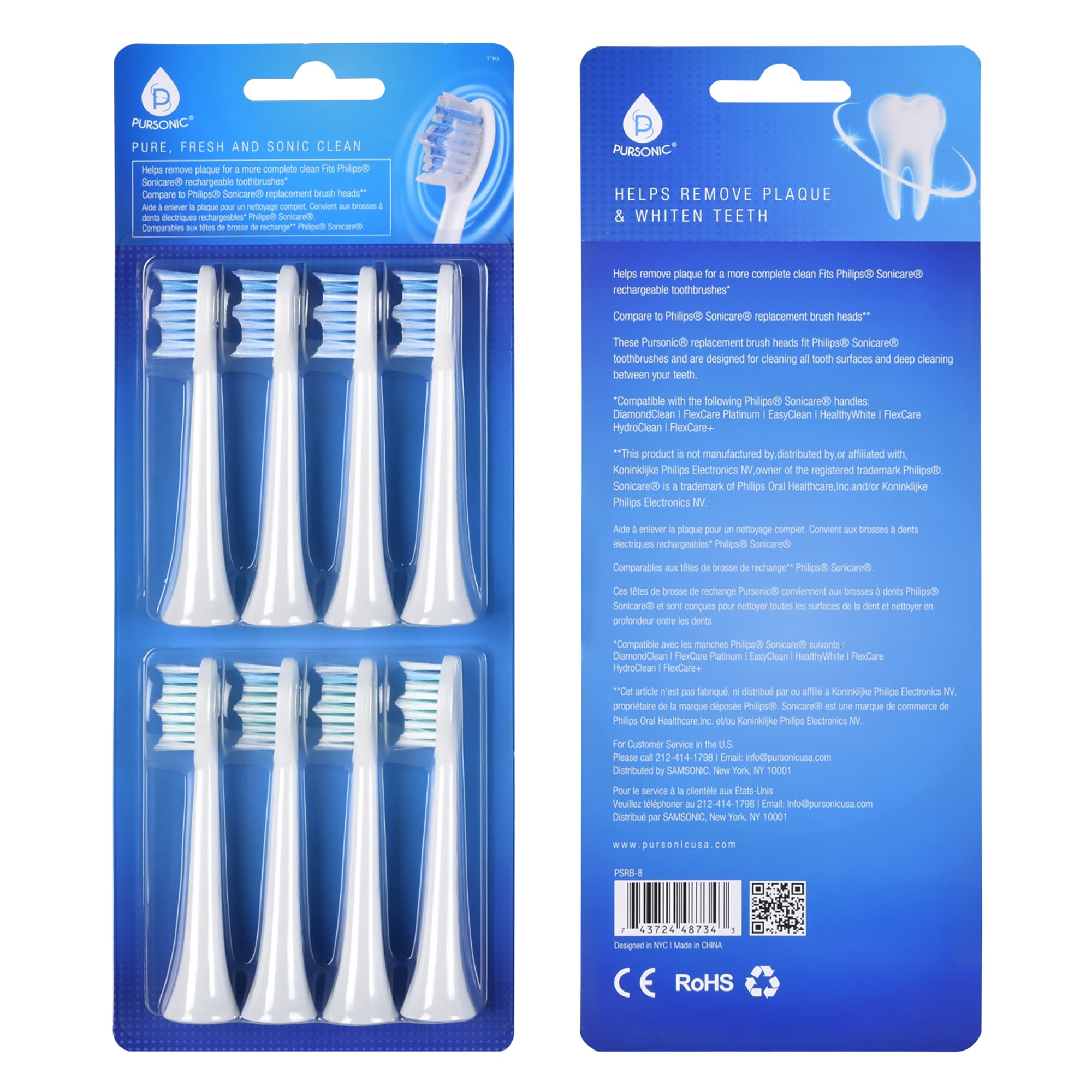 Pursonic PSRB4 Replacement Toothbrush Heads Compatible with Sonicare Electric Toothbrush 8 Pack