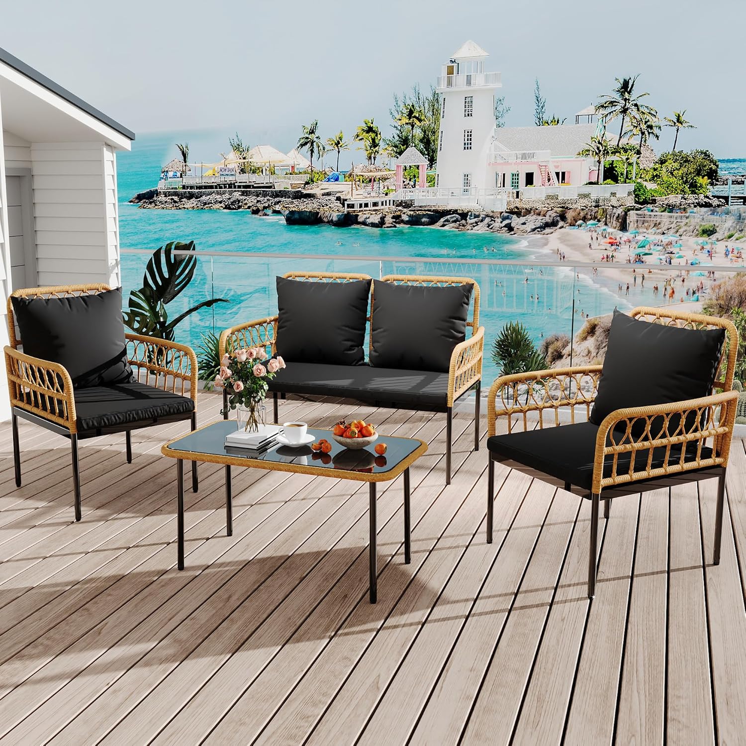 Qeetex LHF-DYQ-PHO-34U6AMYS 4-Pieces Outdoor Patio Conversation Set Wicker Furniture Set with Coffee Table  Cushions Outdoor Sectional Sofa for Balcony Backyard Deck Poolside