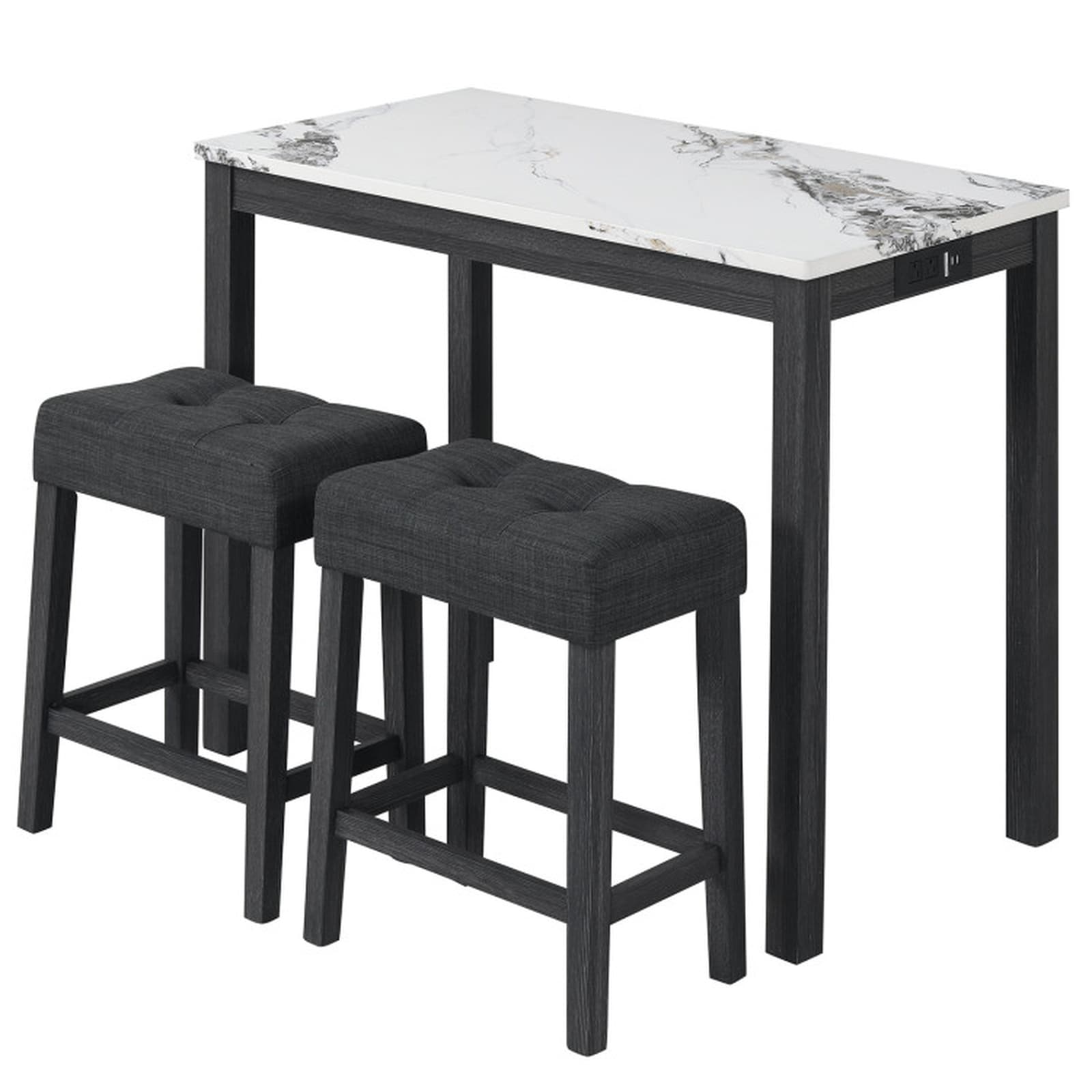 SUGIFT - 3-Piece Bar Table Set with Faux Marble Top 2 AC Outlets 2 USB Charging Station Tufted Li...