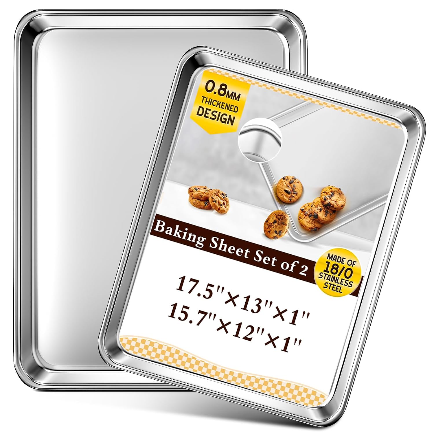 CHEFMADE 2-Piece Commercial Grade 18/0 Stainless Steel Baking Sheet Set 17.5x13 and 15.7x12 Inch Oven Safe to 450F Rust and Warp Resistant Nonstick Nontoxic Cookie Sheets