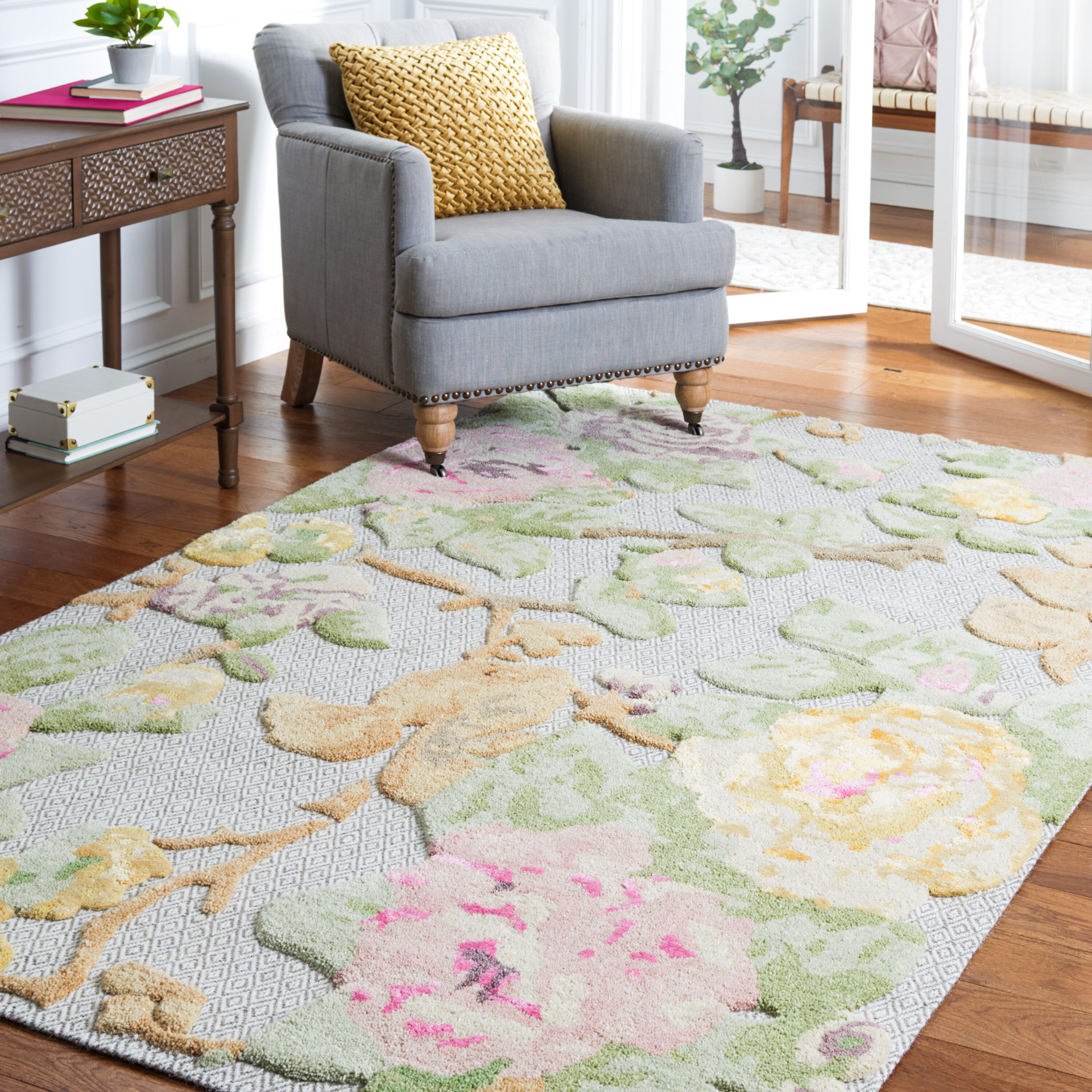  Glamour 602 Pink/Gray Country Floral 4ft x 6ft Small Rectangle Rug