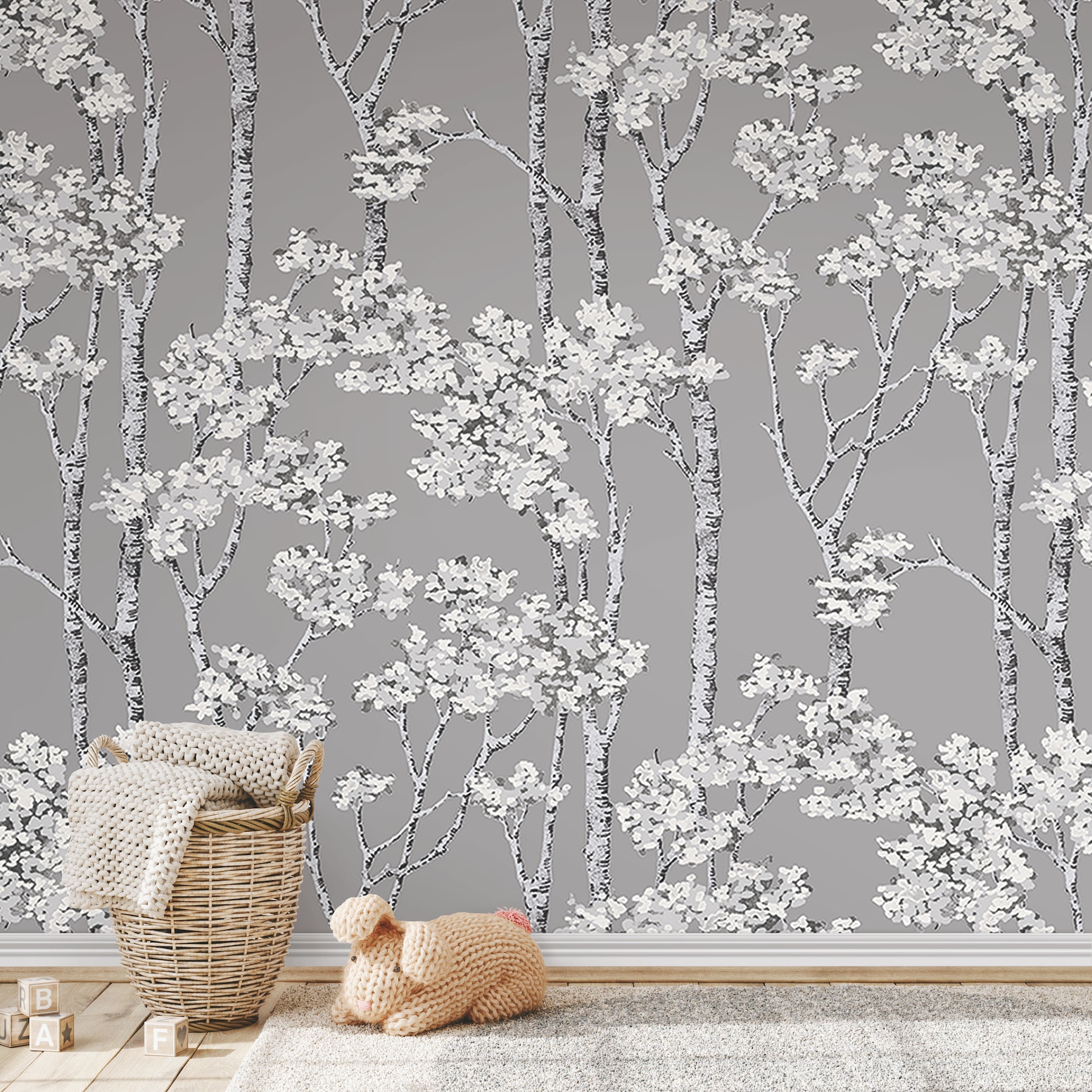 Grey Birch Grove Vinyl Peel and Stick Wallpaper Roll