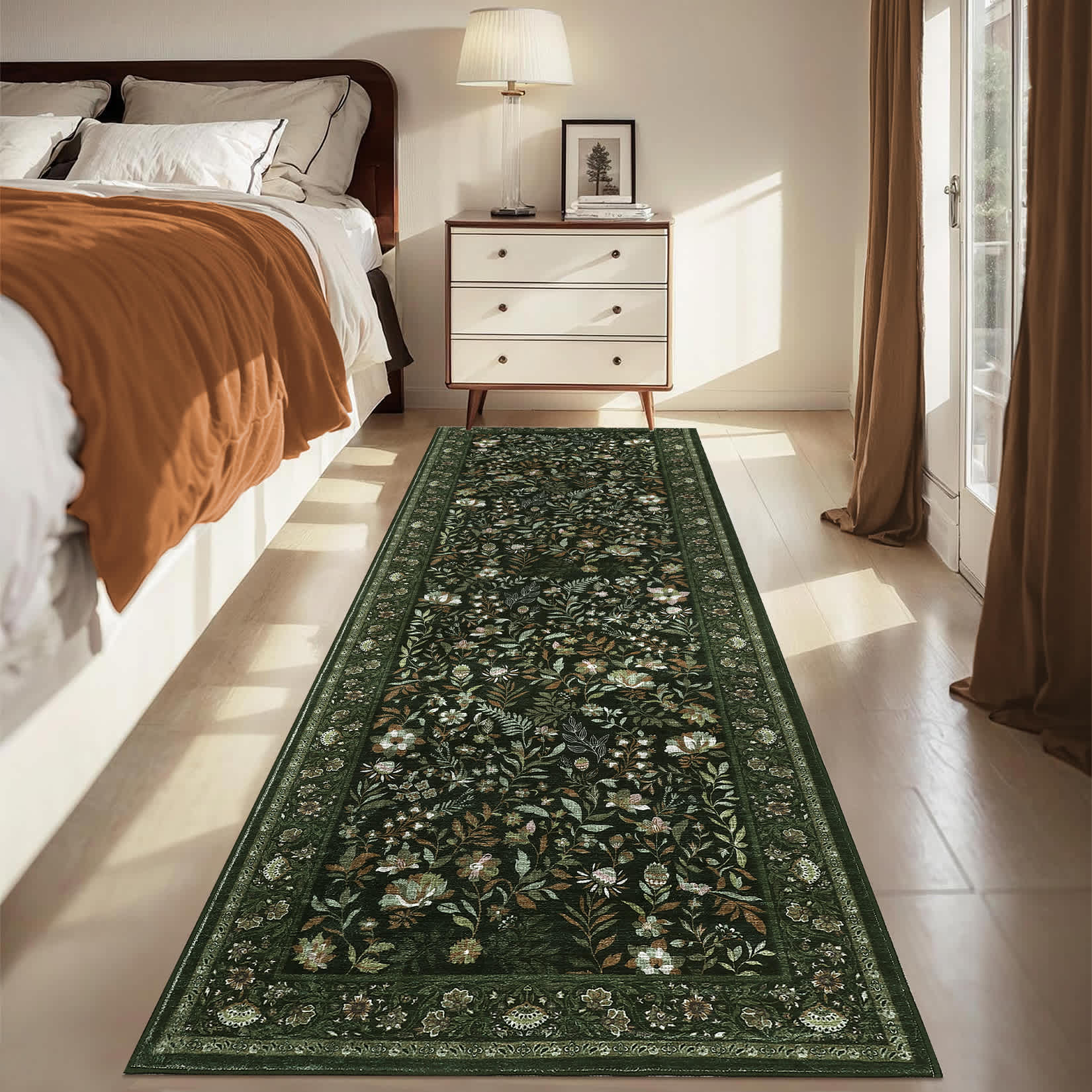Qeetex LSN-PHK-34RLMLVD 2 x 6 ft Polyester Dark Green Rectangular Hallway Bathroom Entryway Kitchen Office Foldable Flower Printed Modern Washable Area Rug