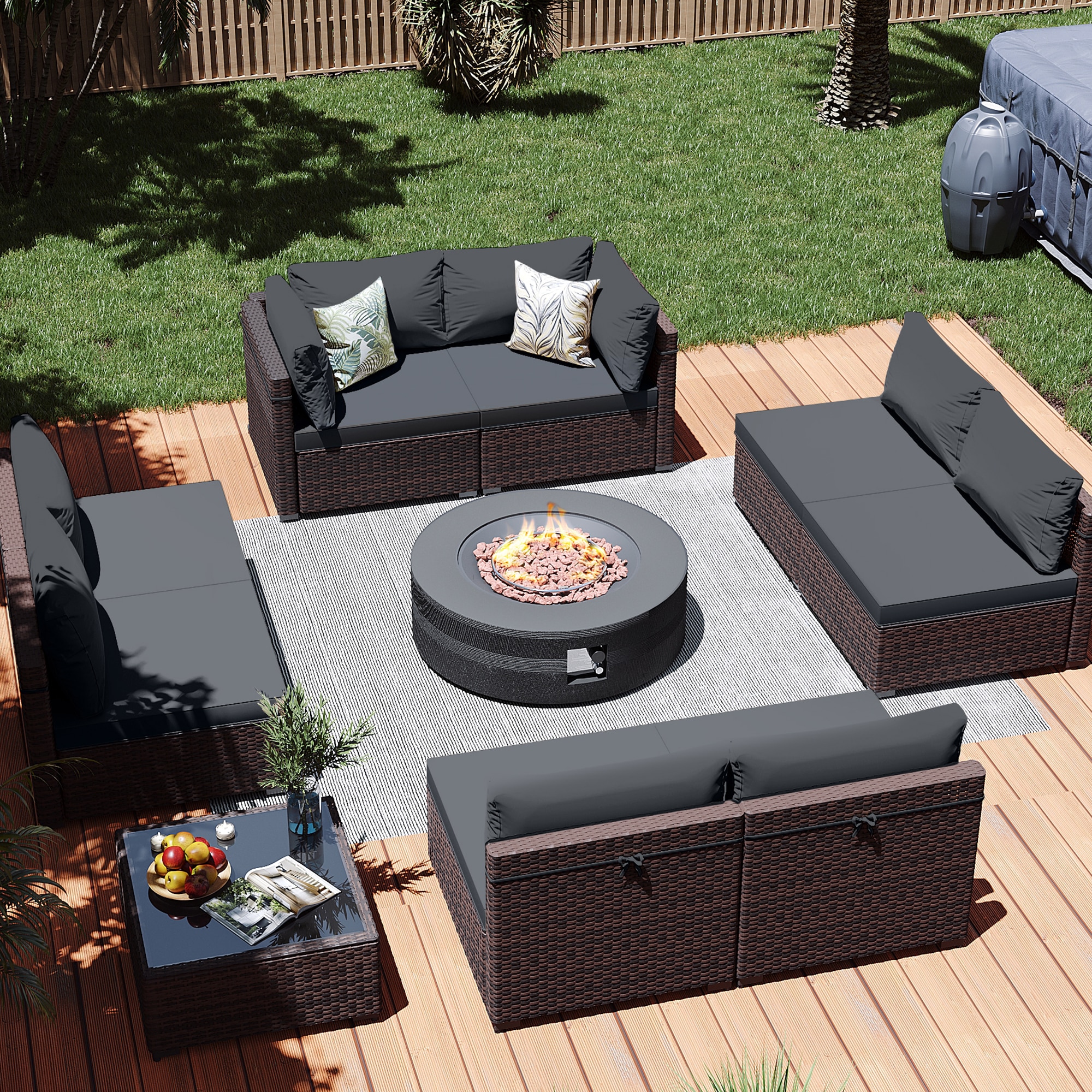 Patio Watcher LS-RT9-42XWDK-B3 10 -Piece Rattan Patio Conversation Set with Gray Cushions