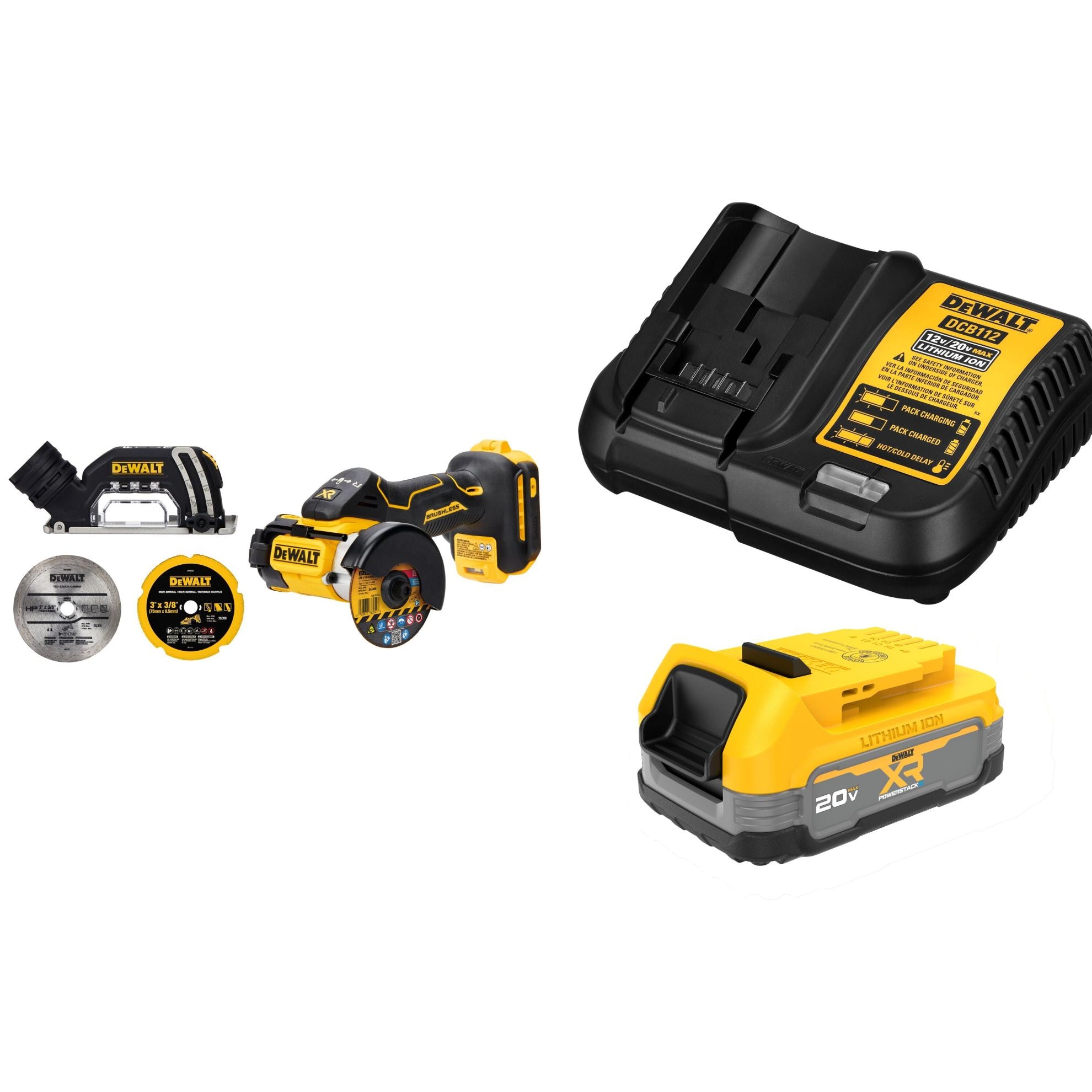 DEWALT   XR 3-in 20-volt max Trigger Switch Brushless Cordless Cut-off tool & XR POWERSTACK 20 -Volt 1 -Pack Lithium-ion ( 1.7 Ah Battery Charger )