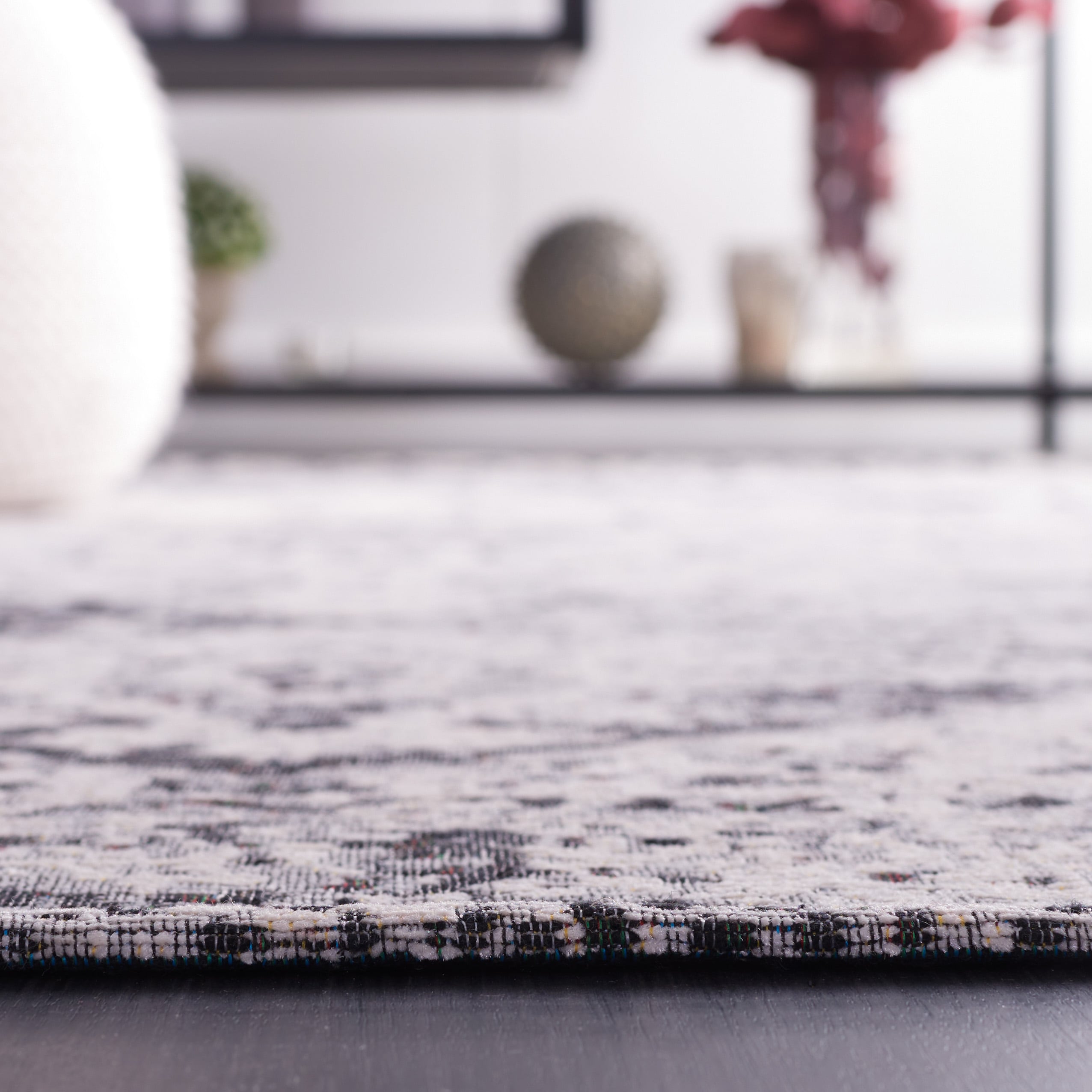 Modern Washable Black and Green 4' x 6' Wool-Cotton Blend Rug