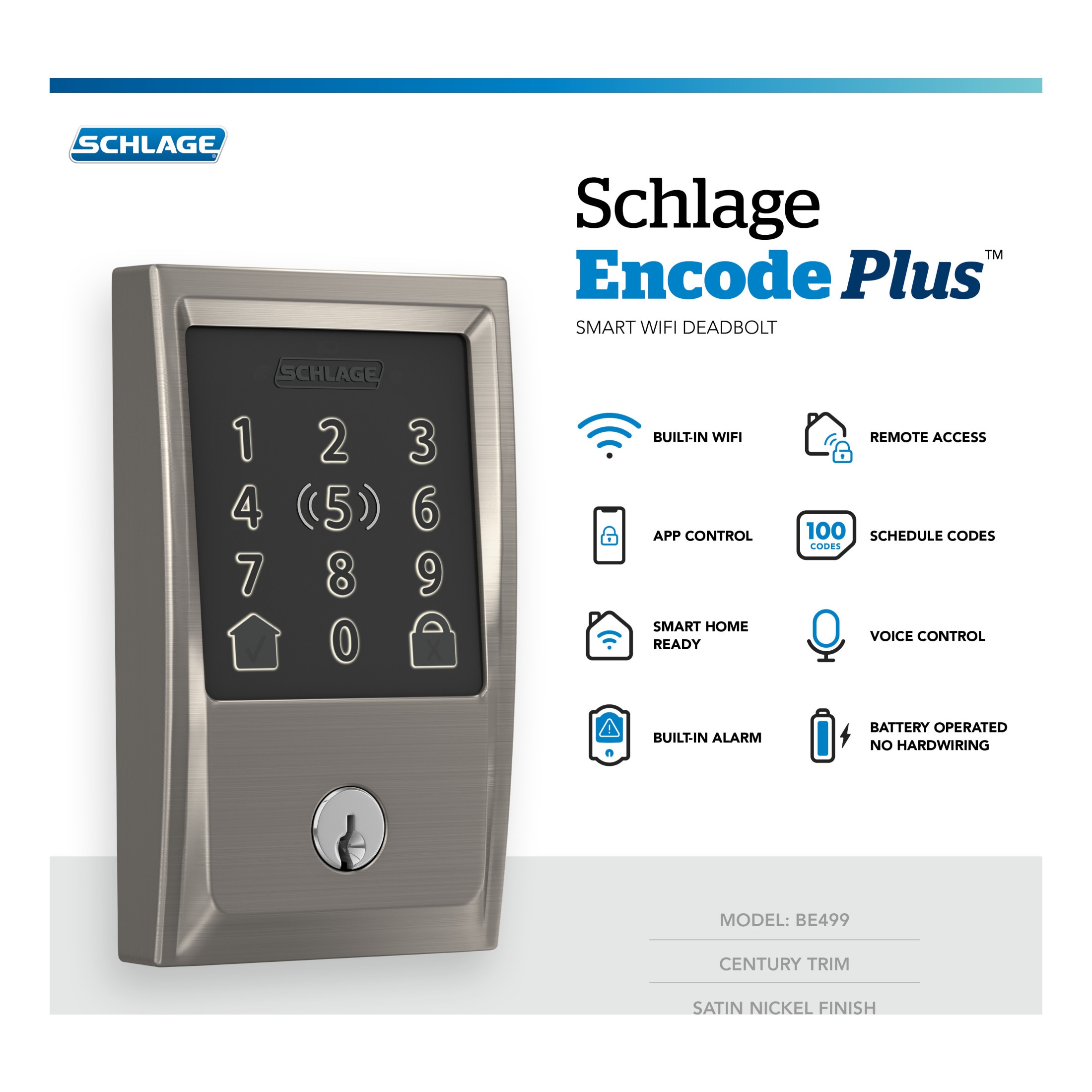 Schlage Encode Plus Century Satin Nickel Smart Lock Electronic Deadbolt with Wifi Bluetooth Touchscreen Keypad BE499WB V CEN 619 Sansujyuku sansujyuku.com