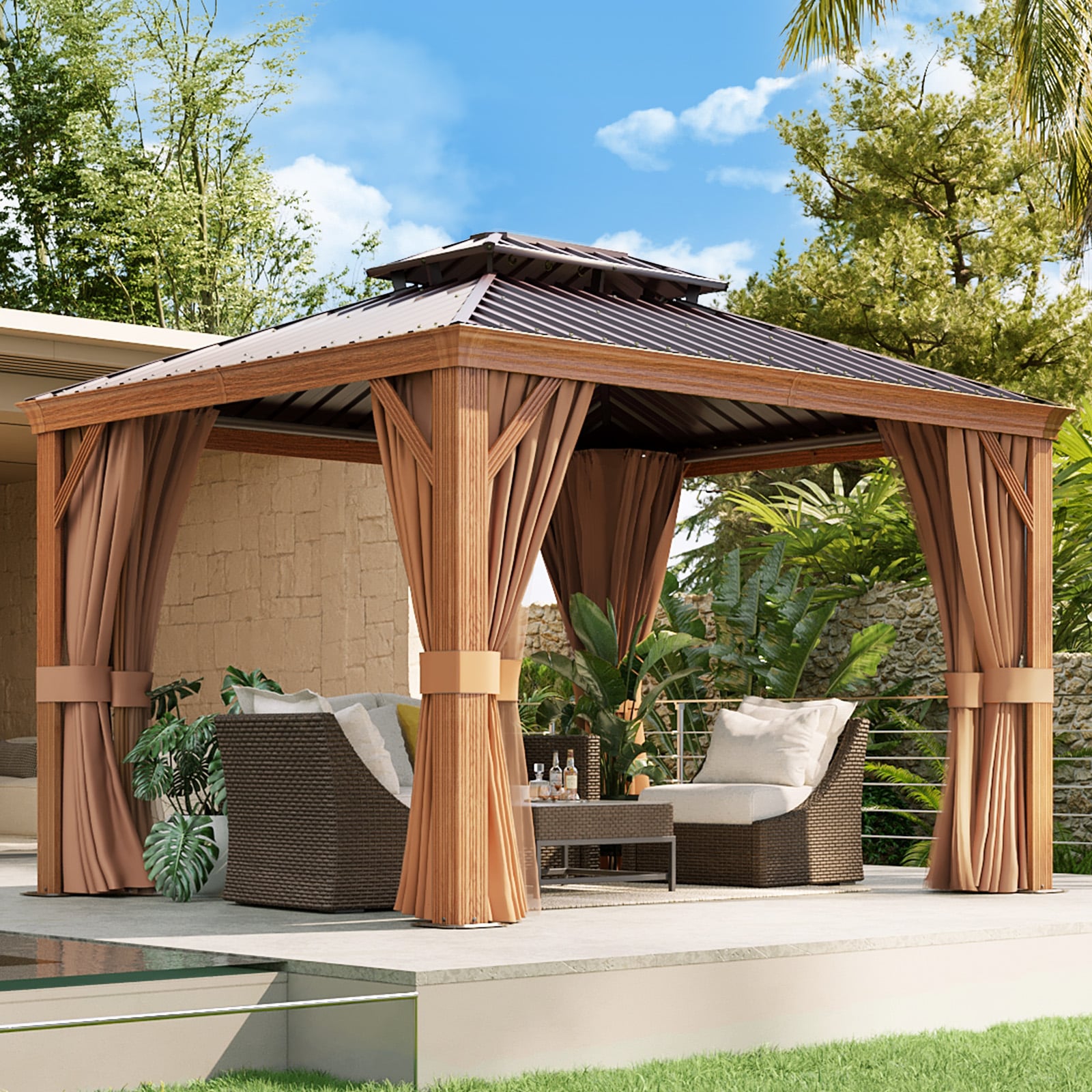 12-ft x 10-ft Gazebo Rectangle Brown Metal Steel Roof Gazebo with Screen Included Polyester | - AOXUN G30037BR