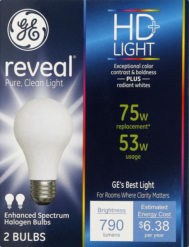 GE 63008 Reveal 53-Watt EQ A19 Warm White A-style Decorative Halogen Light Bulb (2-Pack)