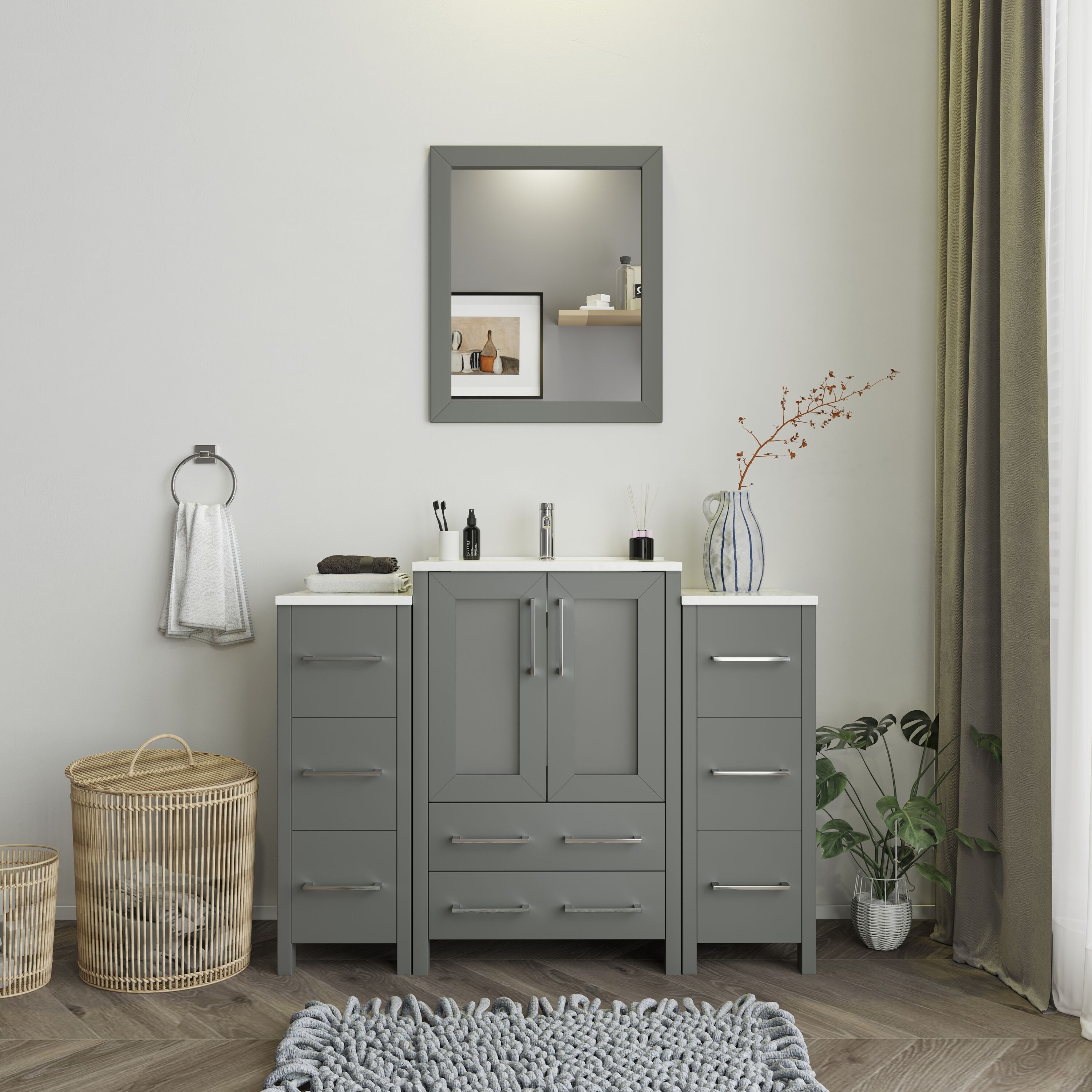 Vanity Art 24 Inch Single Sink Bathroom Vanity Compact Set 2 Large Folding  Doors 1 Shelf 2 Dove-Tailed Drawers Ceramic Top Bathroom Cabinet with Free  Mirror VA3024B 