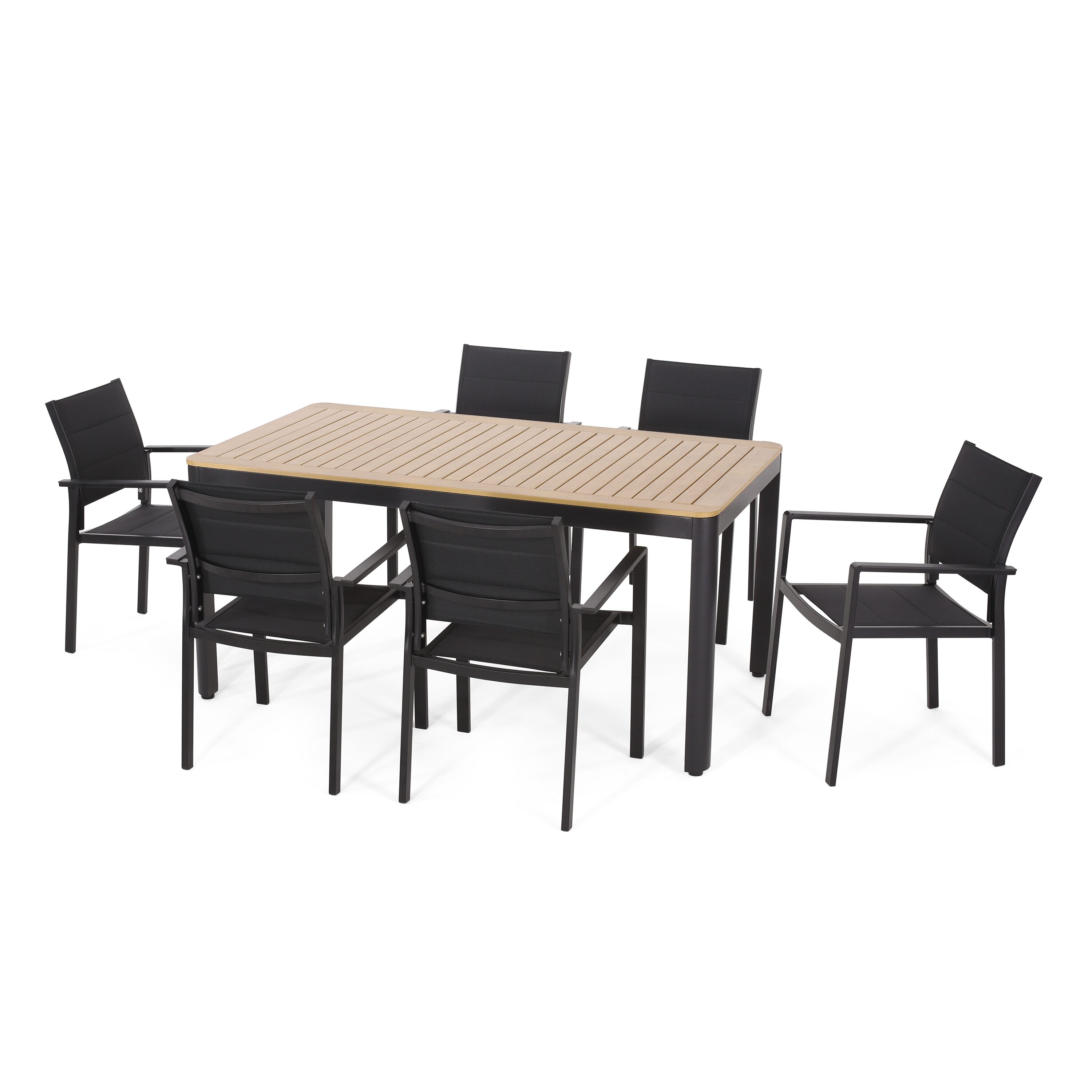Best Selling Home Decor 317598 Kingswood 7-Piece Black Patio Dining Set Wood Rectangle Table with 6 Stationary Chairs
