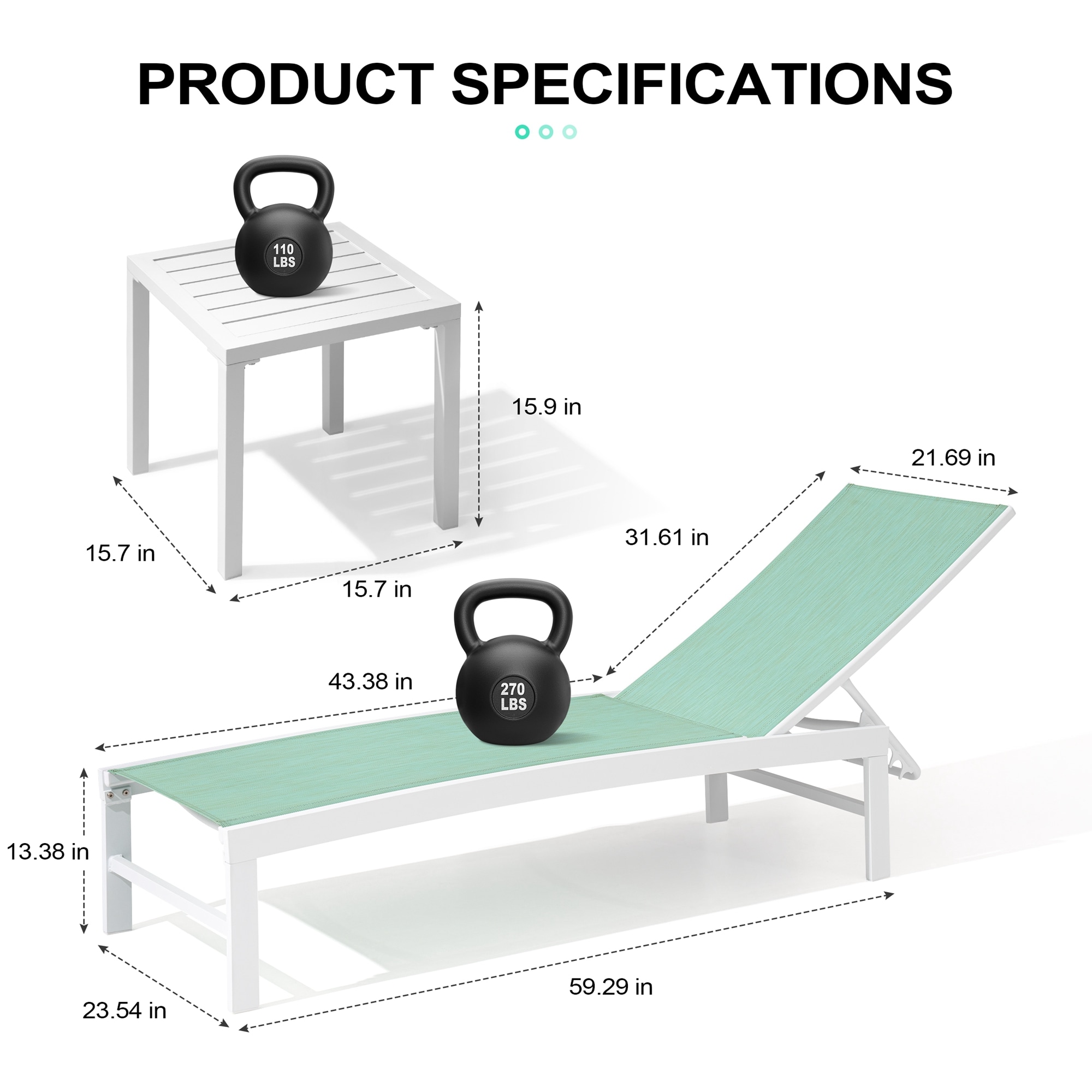 Green Aluminum Outdoor Chaise Lounge Chairs with Table Set