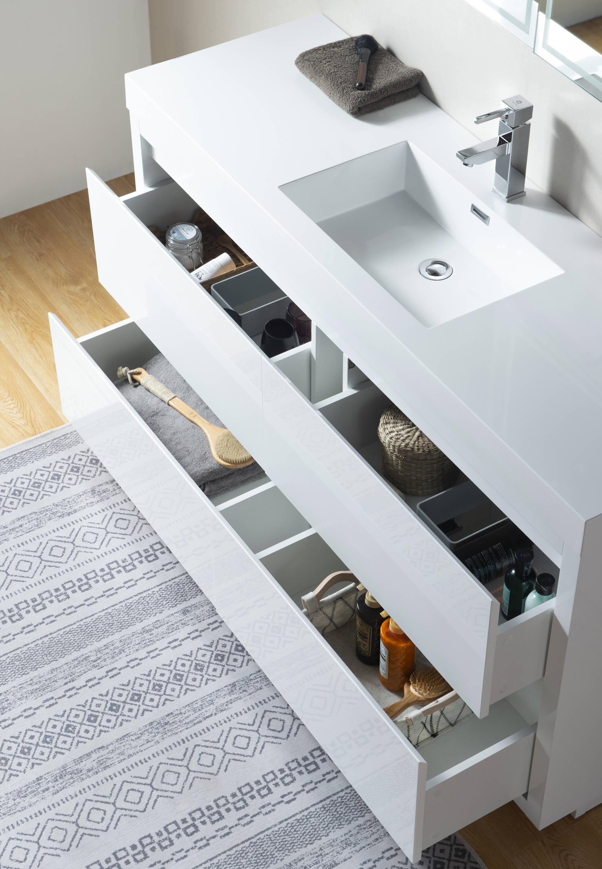 Glossy White 60-Inch Single Sink Bathroom Vanity with Resin Top