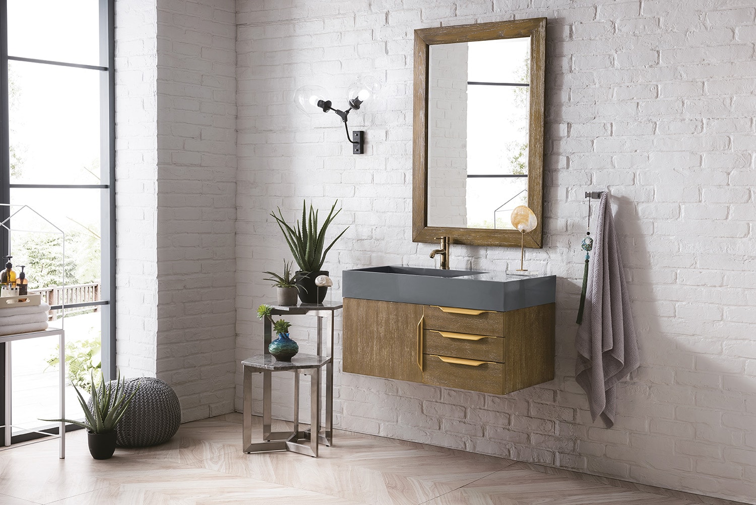 James Martin Vanities Mercer 36-in Latte Oak Single Sink Floating Bathroom  Vanity with Dusk Grey Glossy Solid Surface Top at