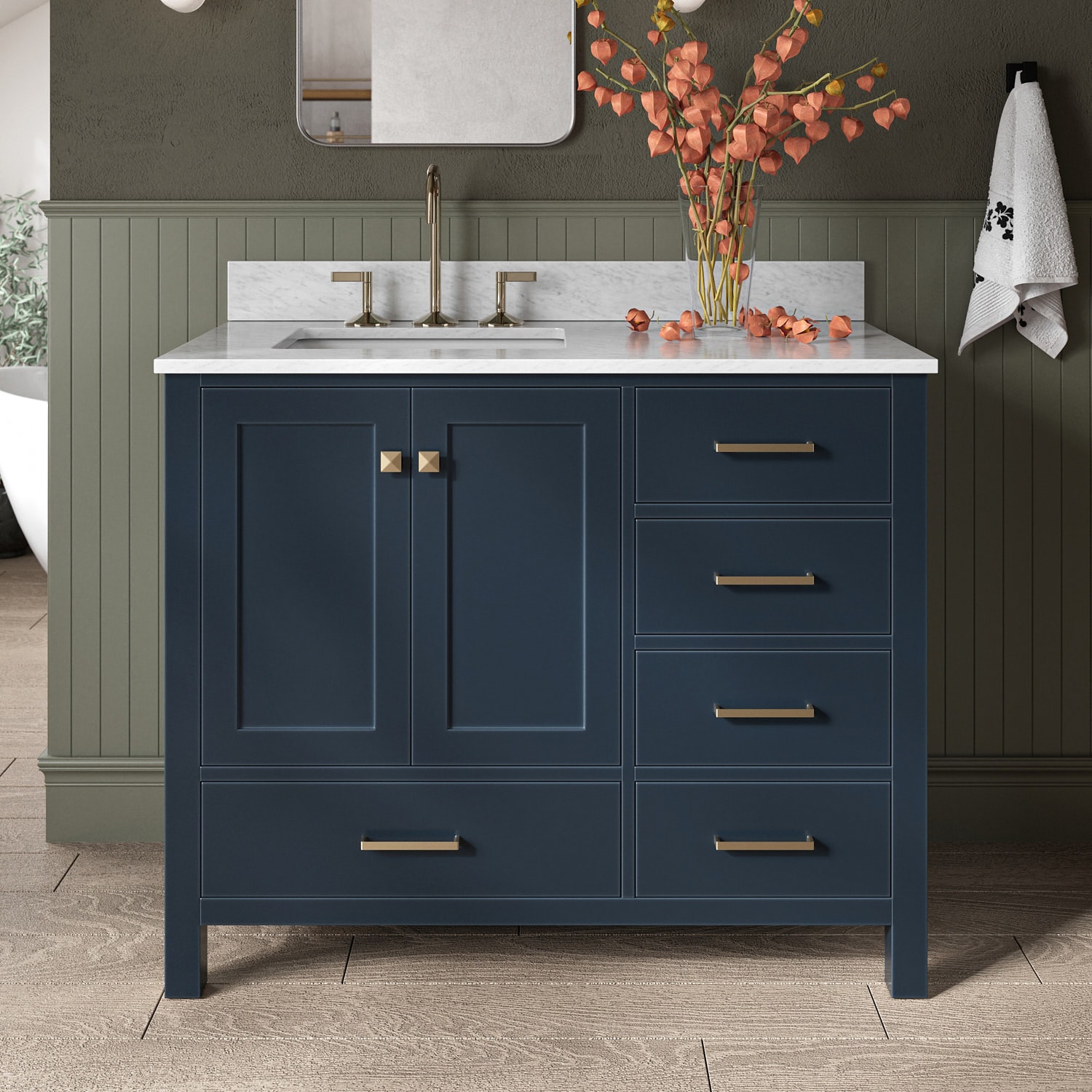 ARIEL A043SLCW2RVOMNB Cambridge 43-in Midnight Blue Undermount Single sink Bathroom Vanity with 0.75" Carrara White Marble Natural marble Top