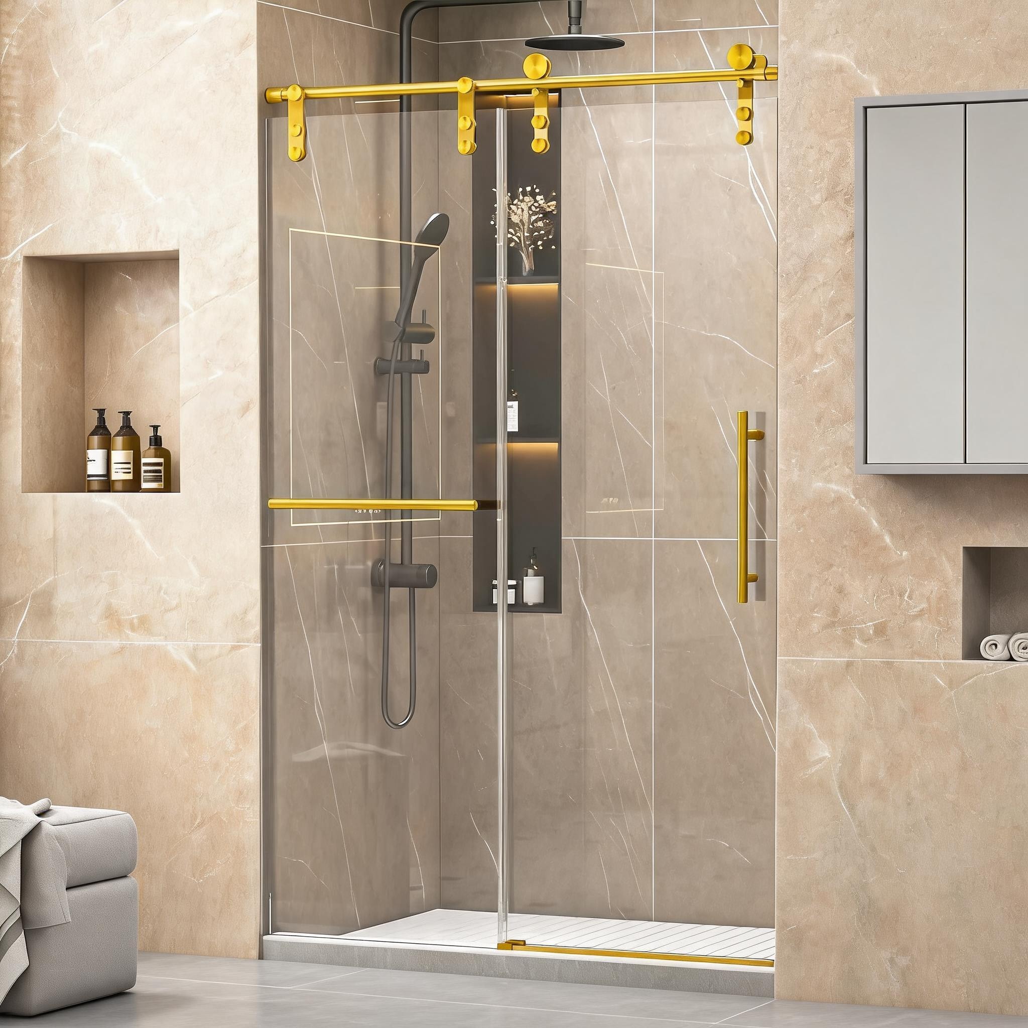 SunJet 46-48 Inch Wide Frameless Sliding Shower Door with Brushed Gold Stainless Steel Hardware 5/16 Inch Tempered Glass