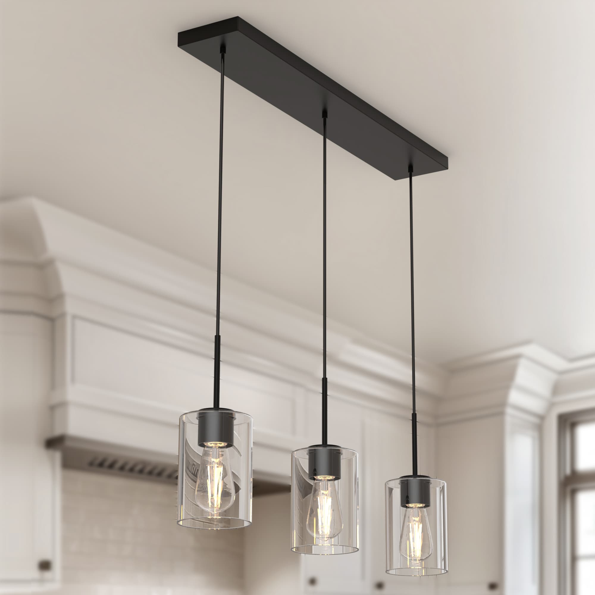 YANSUN LA-ZY-IP17801CBL-11 3 -Light Black Modern/contemporary Clear glass Cylinder Large Hanging Kitchen island light