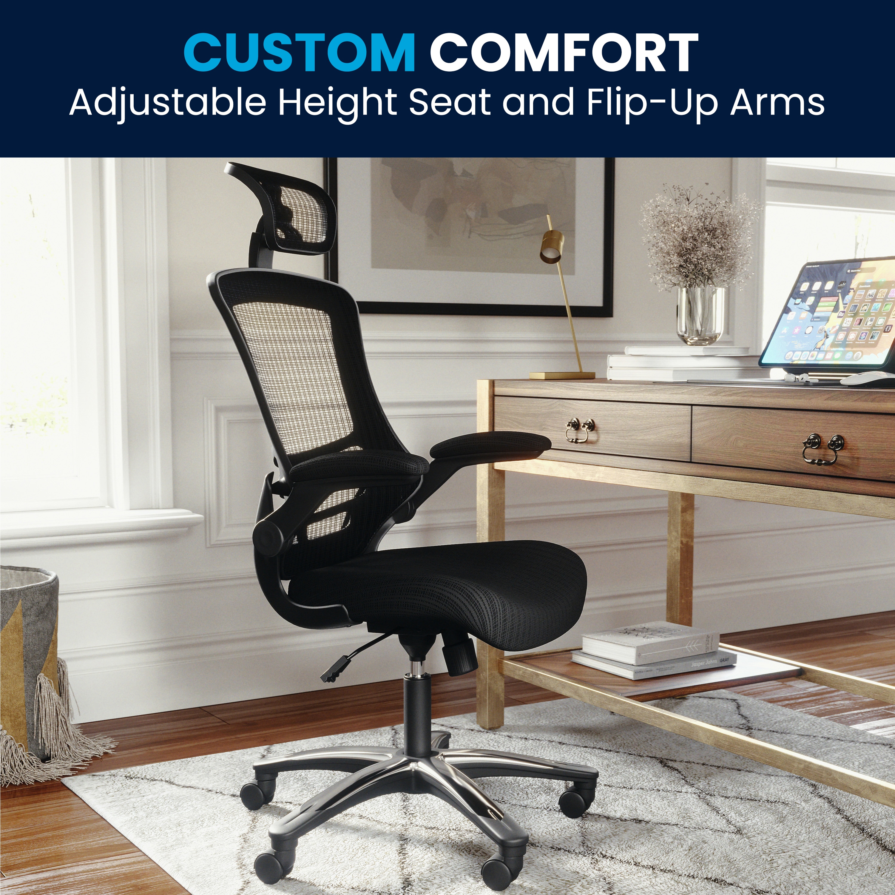 High-Back Black Mesh Swivel Executive Office Chair with Adjustable Arms