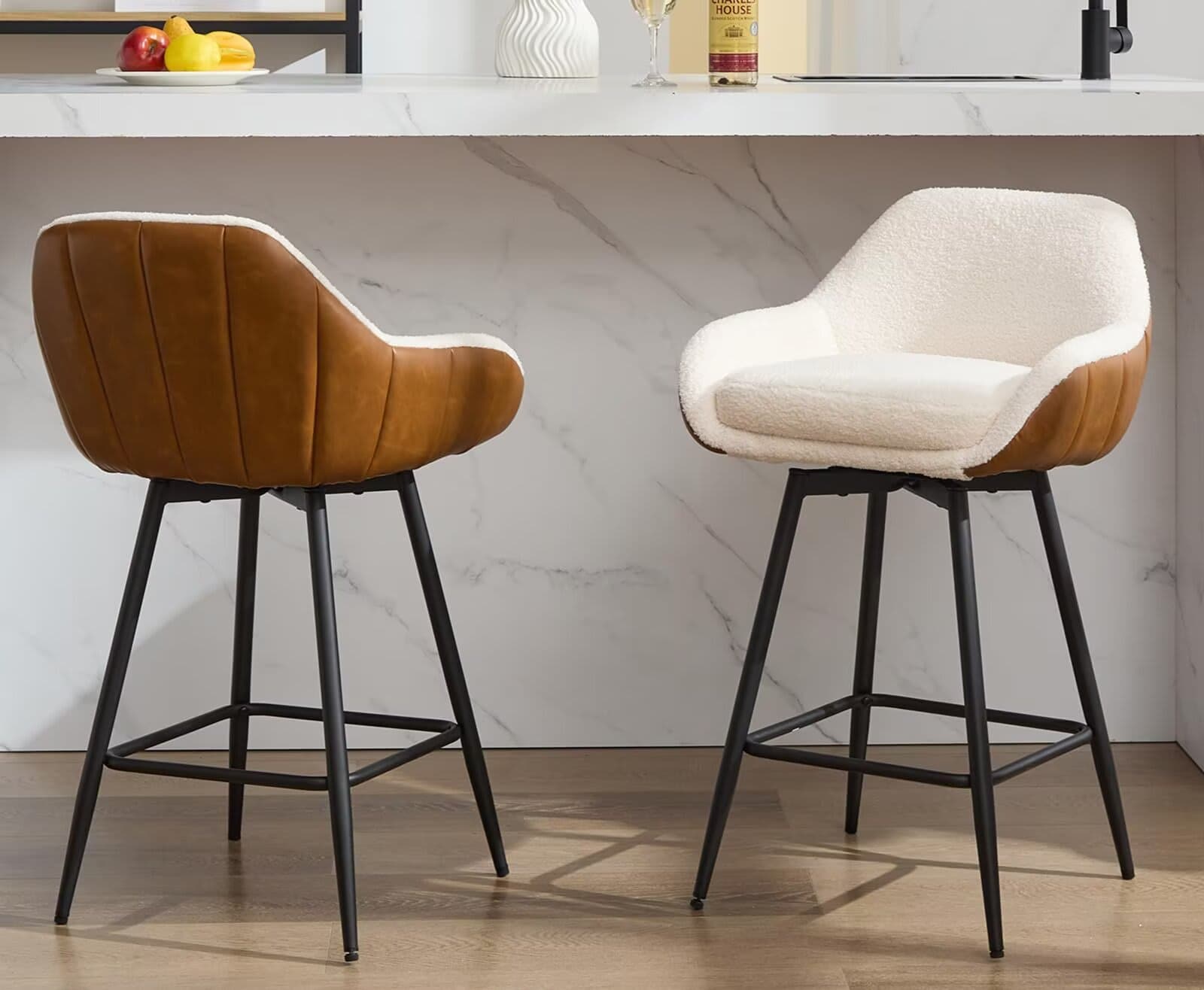 Qeetex JXNAG-PHO-15WZ3TK5 Modern Swivel Bar Stools Set of 2 26Inch Counter Height Bar Stools for Kitchen Island Upholstered Sherpa Fabric Barstools Island Chairs with Backs and Metal Legs-Brown PU and Cream White