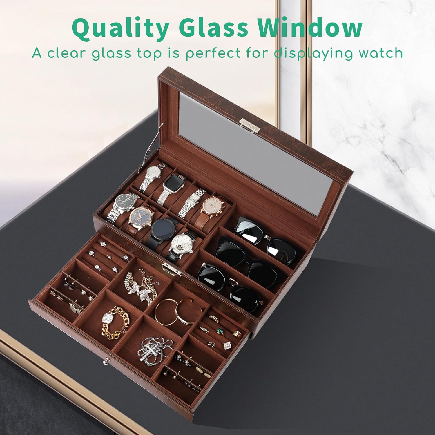 TomCare Watch Box 2 Tier Watch Case Jewelry Organizer Box with Thick ...