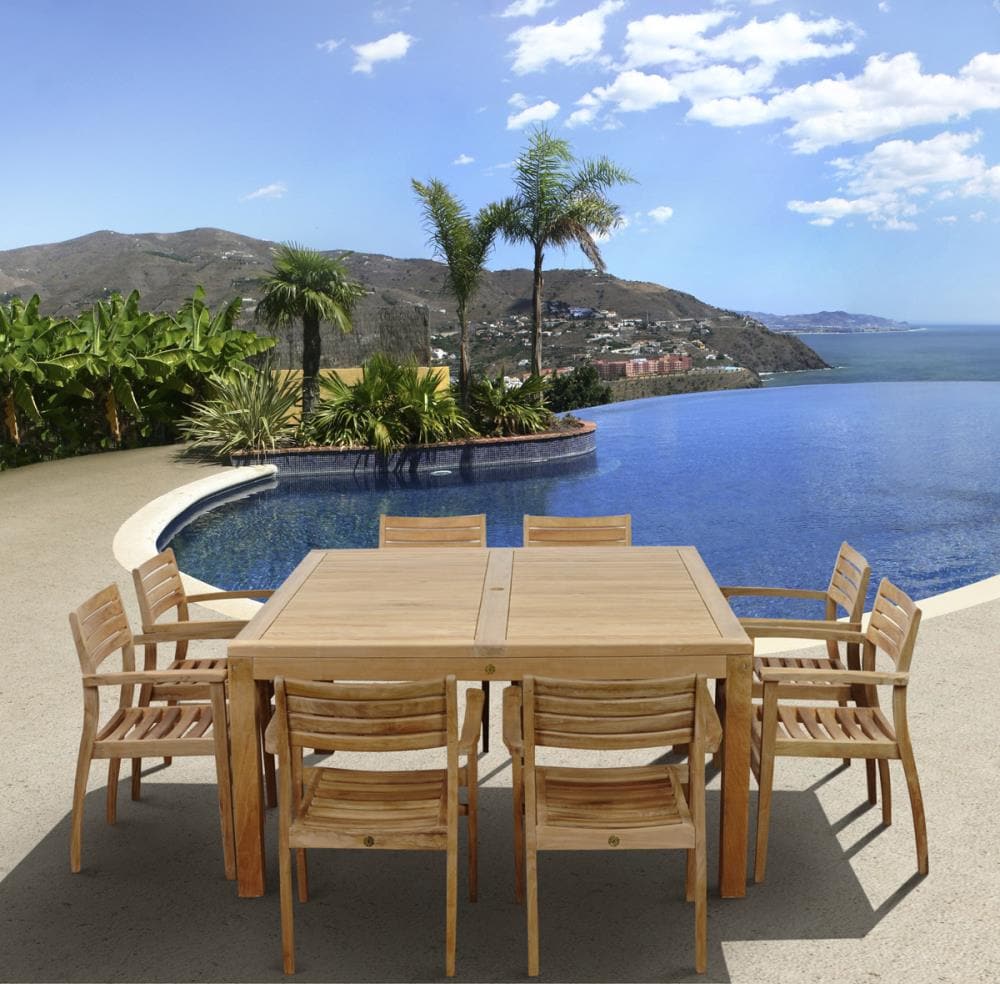 Amazonia RINJANI SQ8NINIA Outdoor 9 -Piece Natural Patio Dining Set Wood Square Table with 8 Stationary Chairs