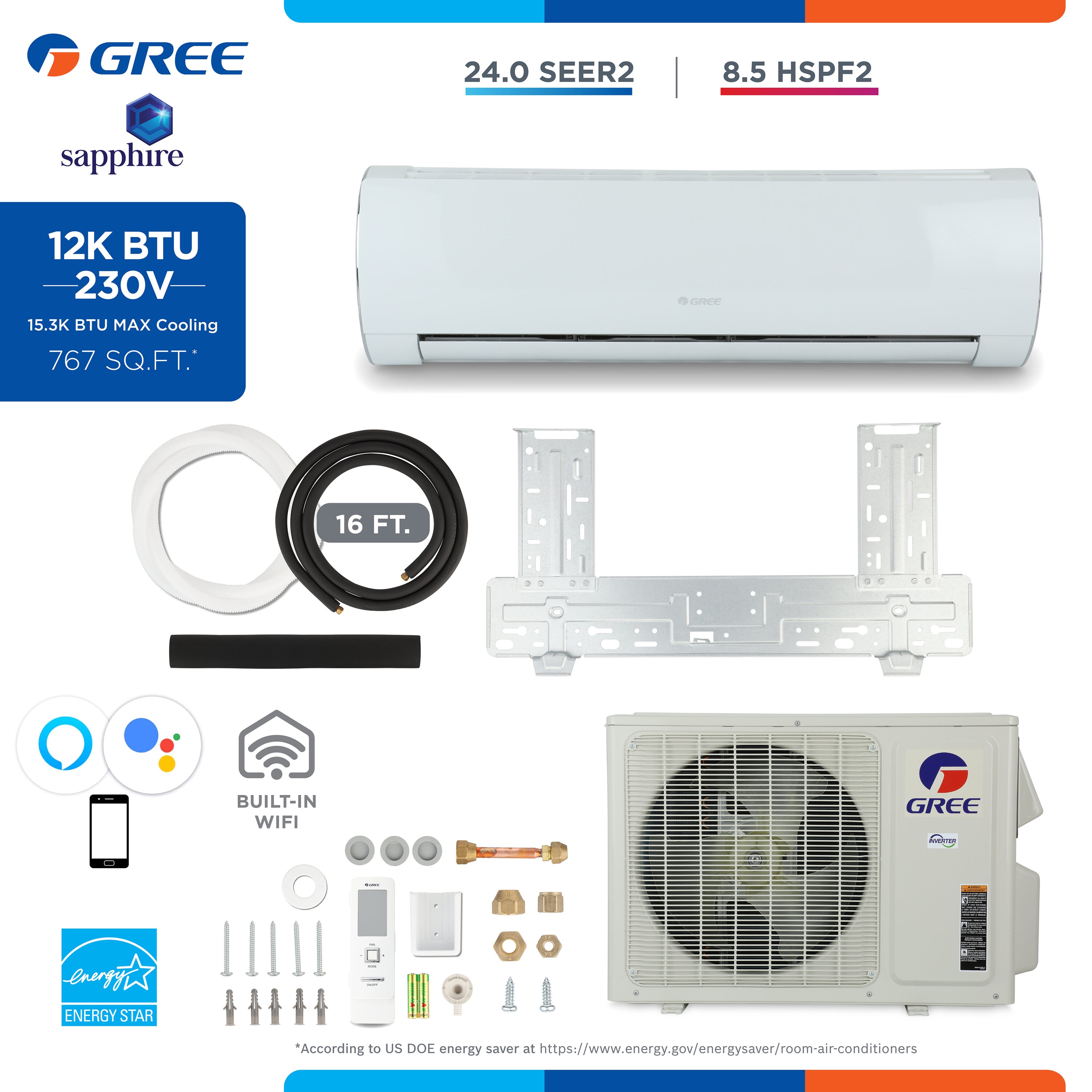 Gree SAP12HP230V1AK Sapphire Single Zone 15354-BTU 24 SEER Ductless Mini Split Air Conditioner Heat Pump Included with 16-ft Line Set 230-Volt